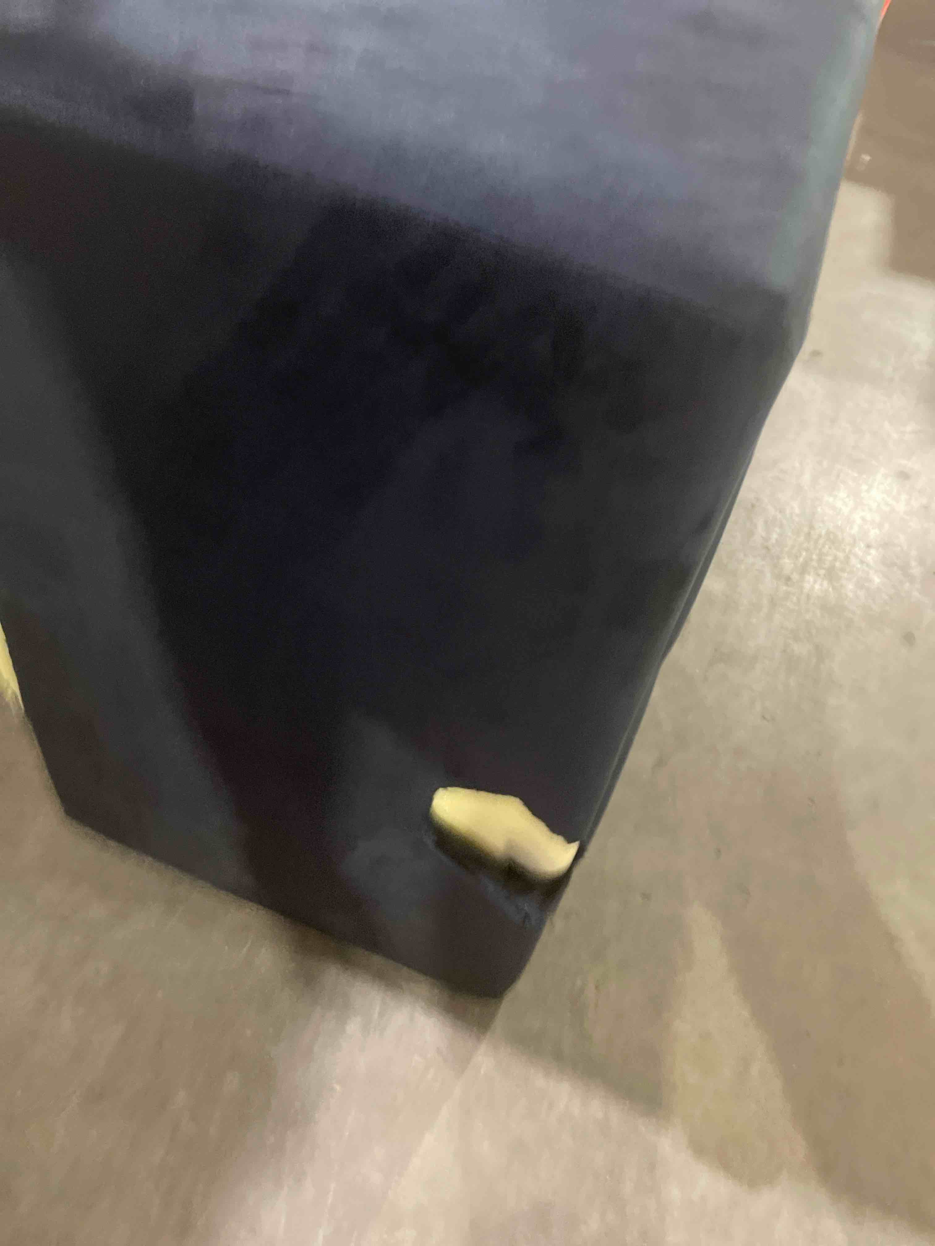 Condition photo showing As Is for rausch 2 drawer nightstand, upholstered in a black velvet, with crystal accented drawer pulls, overall dimensions 28 h x 26 w x 16 d, scratch and dent item(pictured)