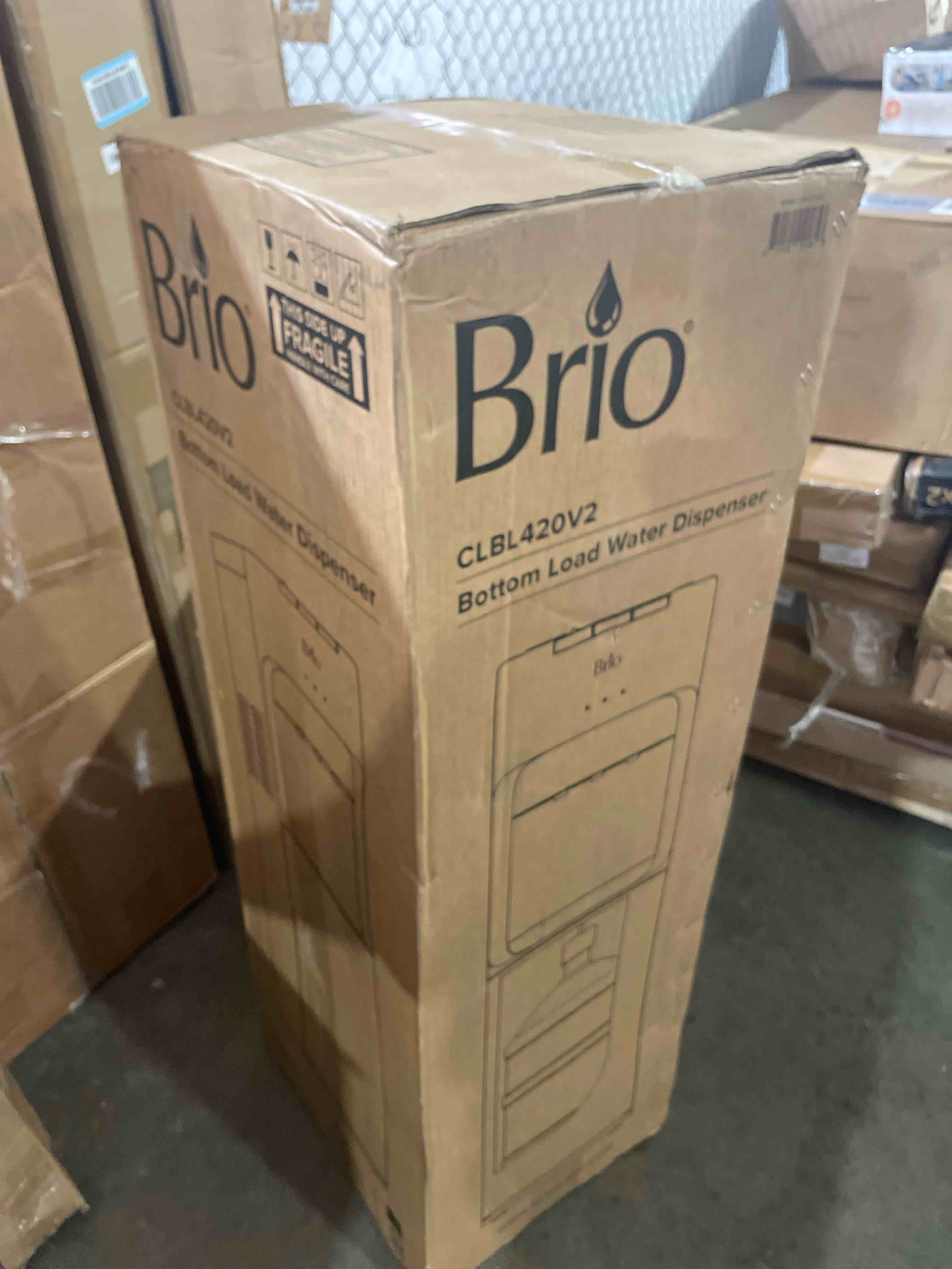 Condition photo showing As Is for brio bottom loading water cooler dispenser for 5 gallon bottles - 3 temperatures with hot, room & cold spouts, child safety lock, led display with empty bottle alert, stainless steel