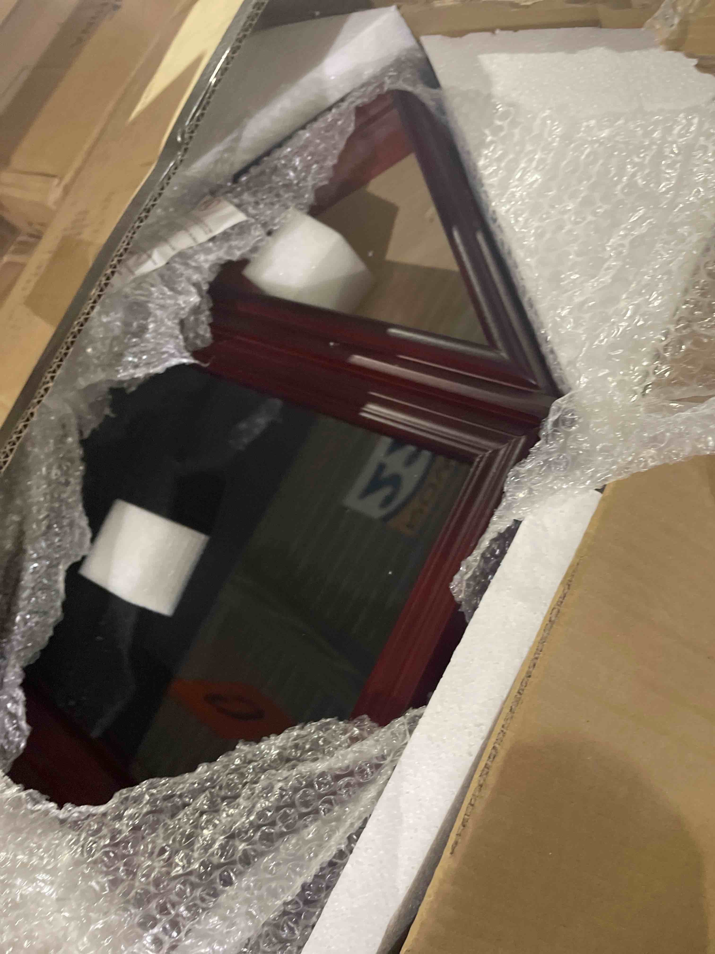 Condition photo showing New/Like New for solid wood flag certificate display case box with hd tempered glass fit small folded 3'x5' american flag(not for 9.5'x5' burial flag), veteran military shadow box felt lining for badge medal, mahogany