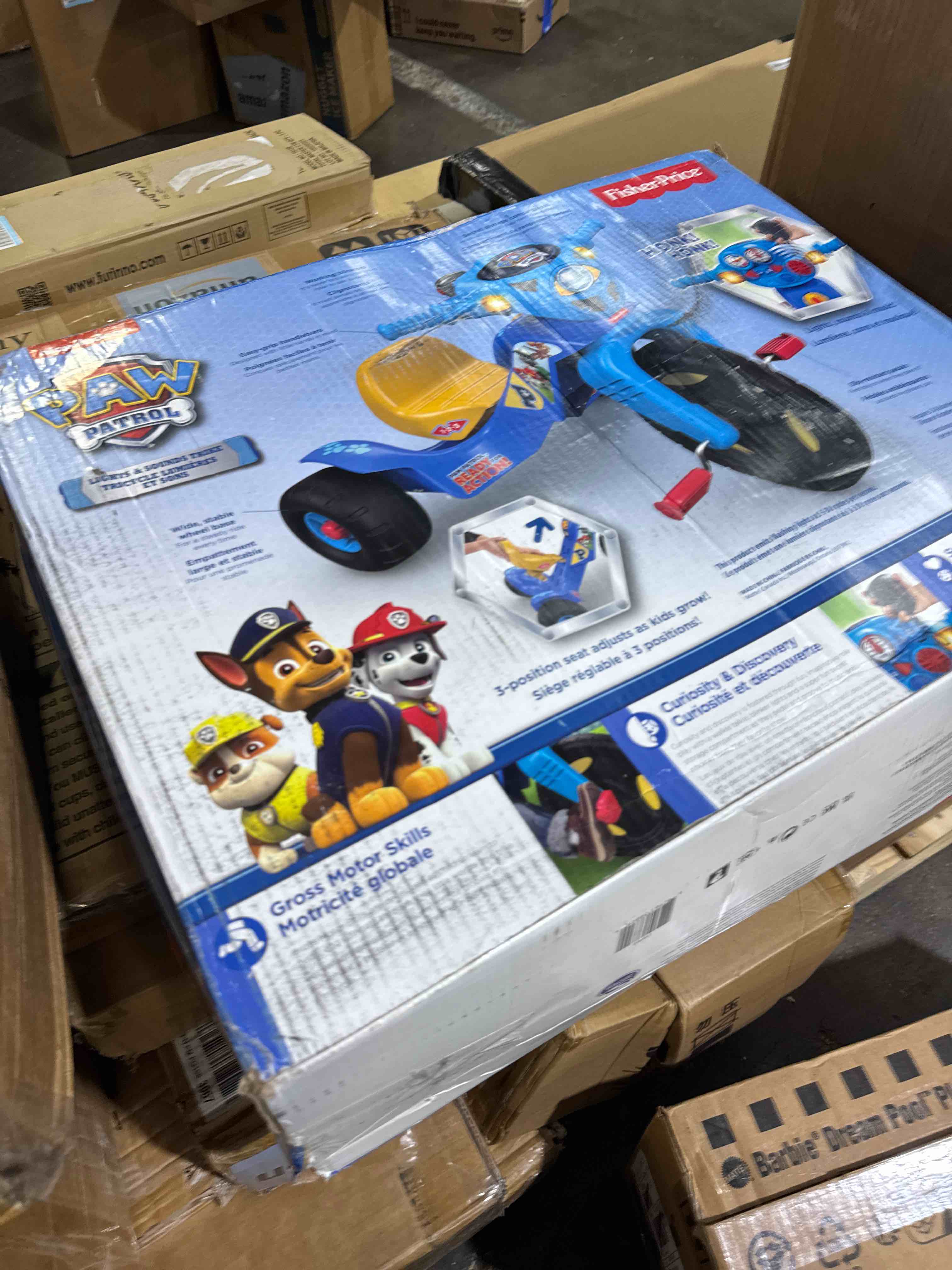 Condition photo showing New/Like New for fisher-price toddler tricycle nickelodeon paw patrol lights & sounds trike, toy bike with handlebar grips & storage for outdoor play kids ages 2+ years