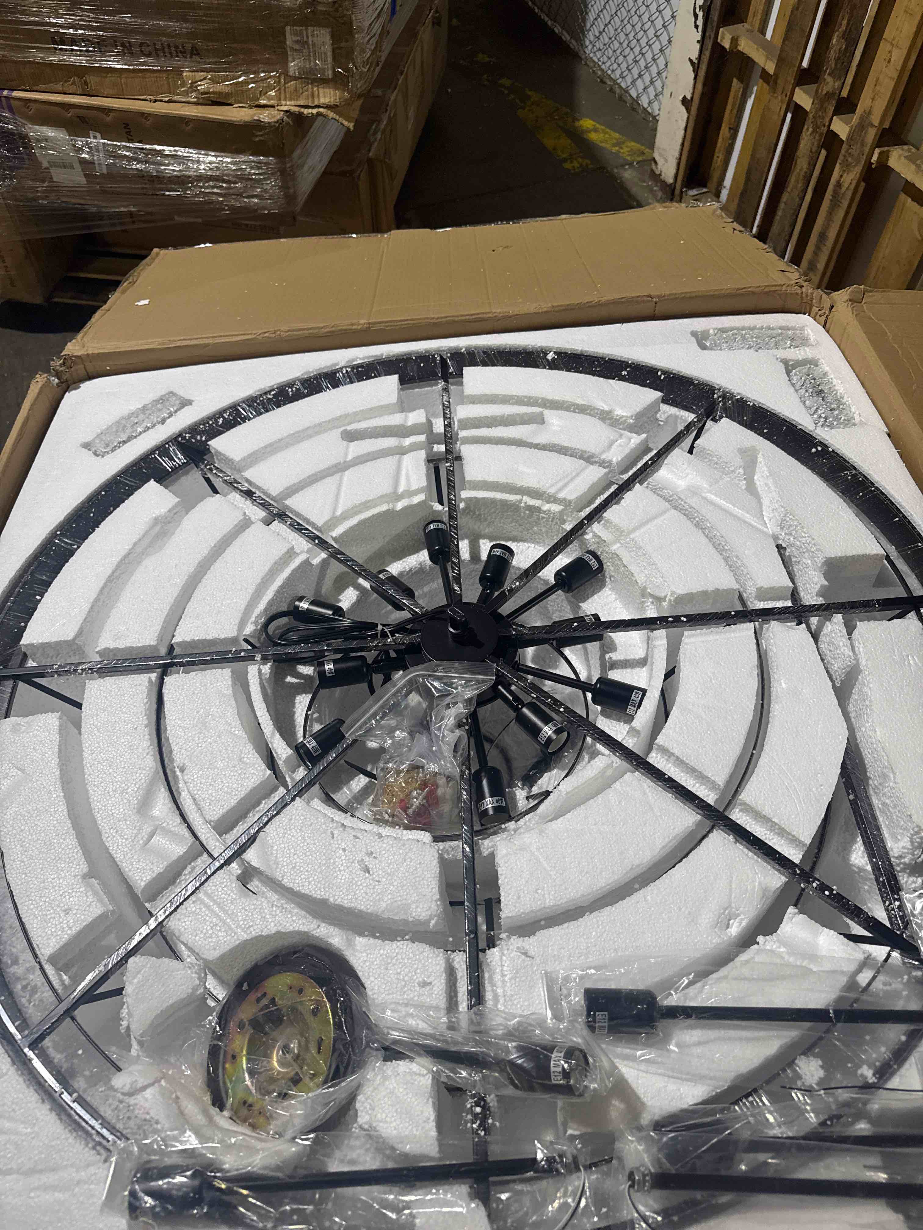 Condition photo showing New/Like New for 44" black+gold wagon wheel chandelier with fans, farmhouse ceiling fan with 16-lights and remote, adjustable height, rustic chandelier for living room bedroom, 6-speed reversible large fandelier