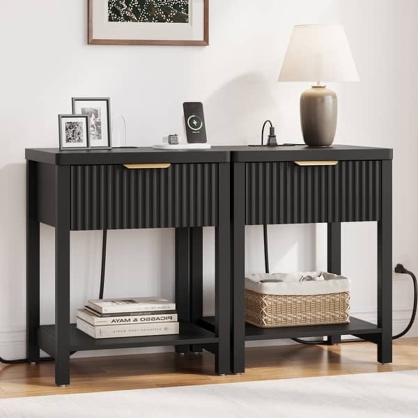 nightstand with drawers fluted bedside table with charging station - black set of 2