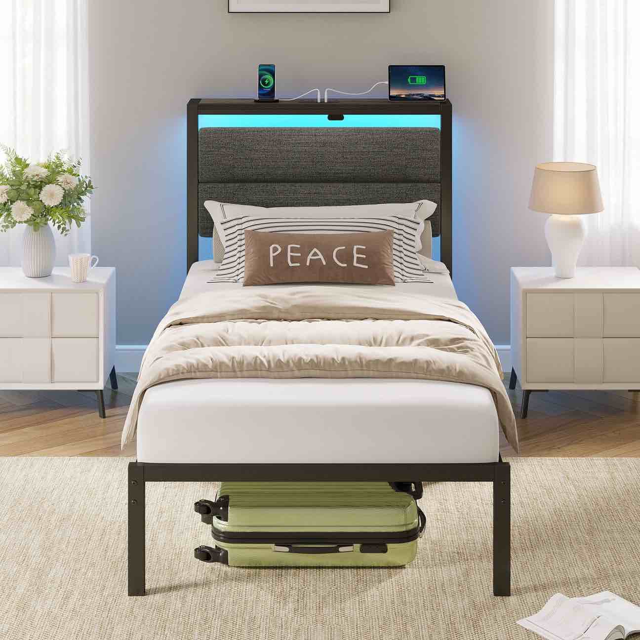 greenstell full size bed frame with led lights, usb outlets & under-bed storage, modern headboard for bedroom gray