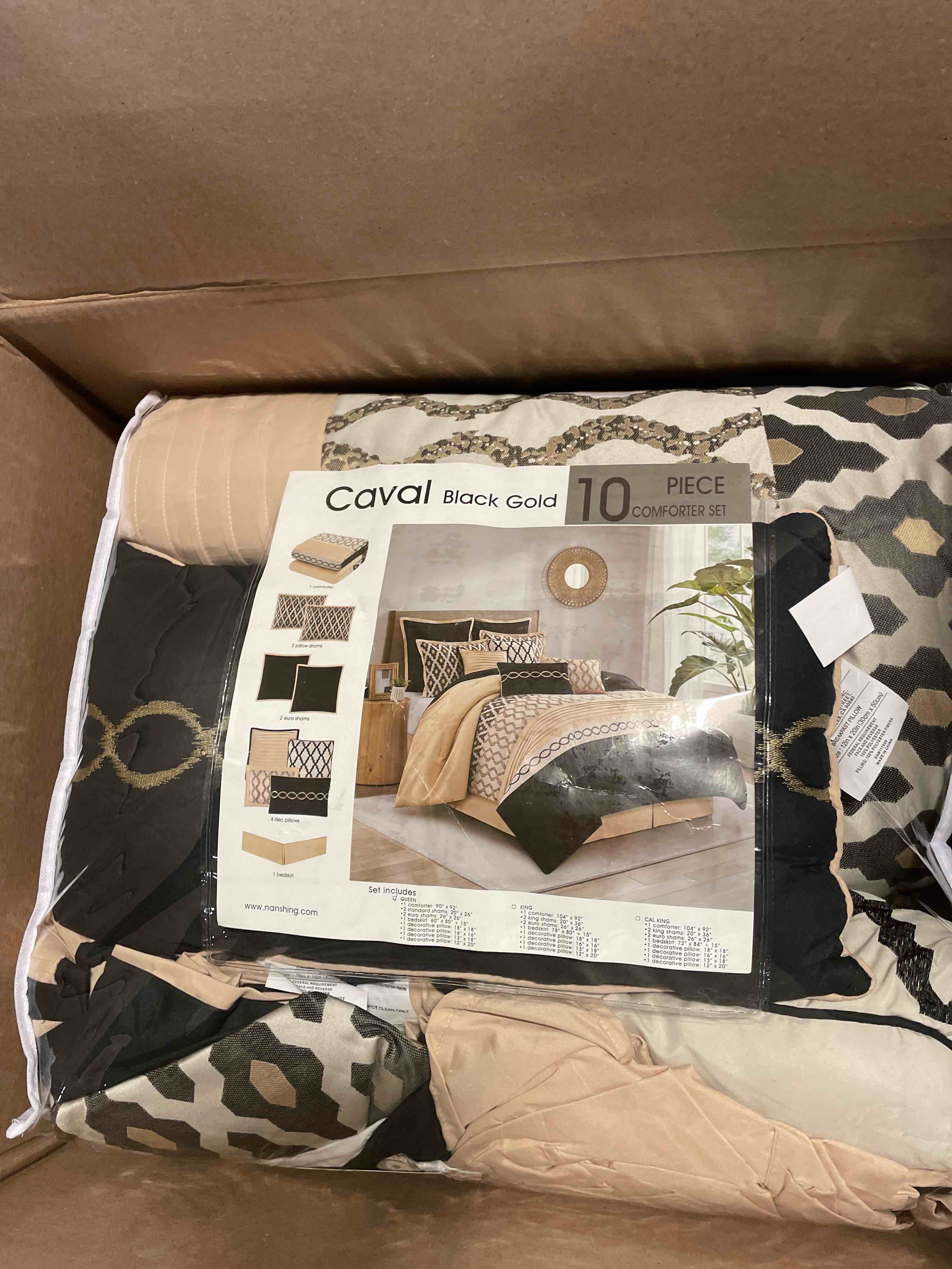 Condition photo showing New/Like New for queen comforter set, black gold, 10 piece bed in a bag for all seasons, luxury extreme comfort bedding sets with bedskirt, pillow shams, euro shams and decor pillows