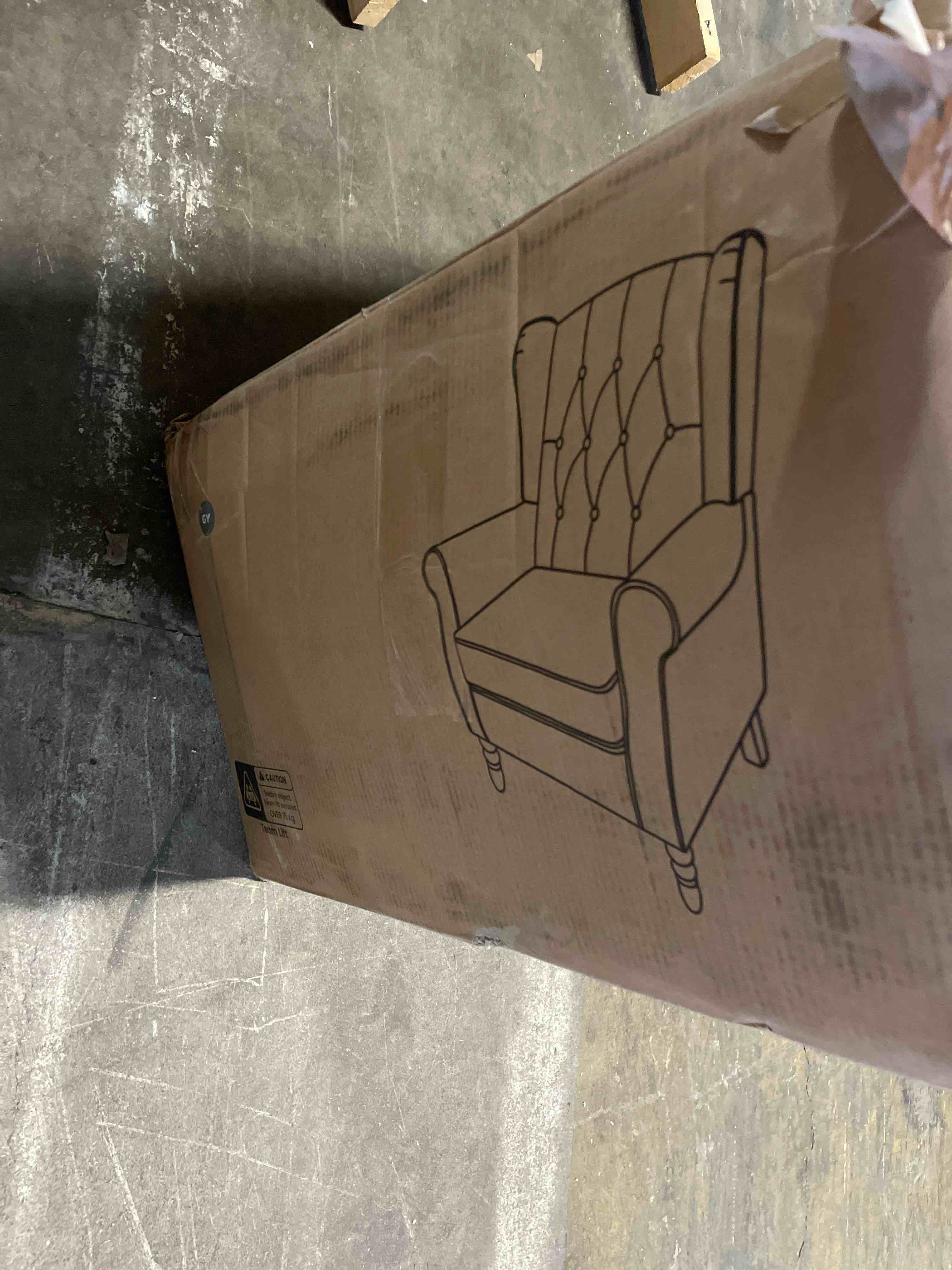 Condition photo showing New/Like New for homcom mid-century modern accent chair, high wingback armchair, gray | reading, button-tufted, upholstered fabric, retro wood legs, apartment, living room, bedroom