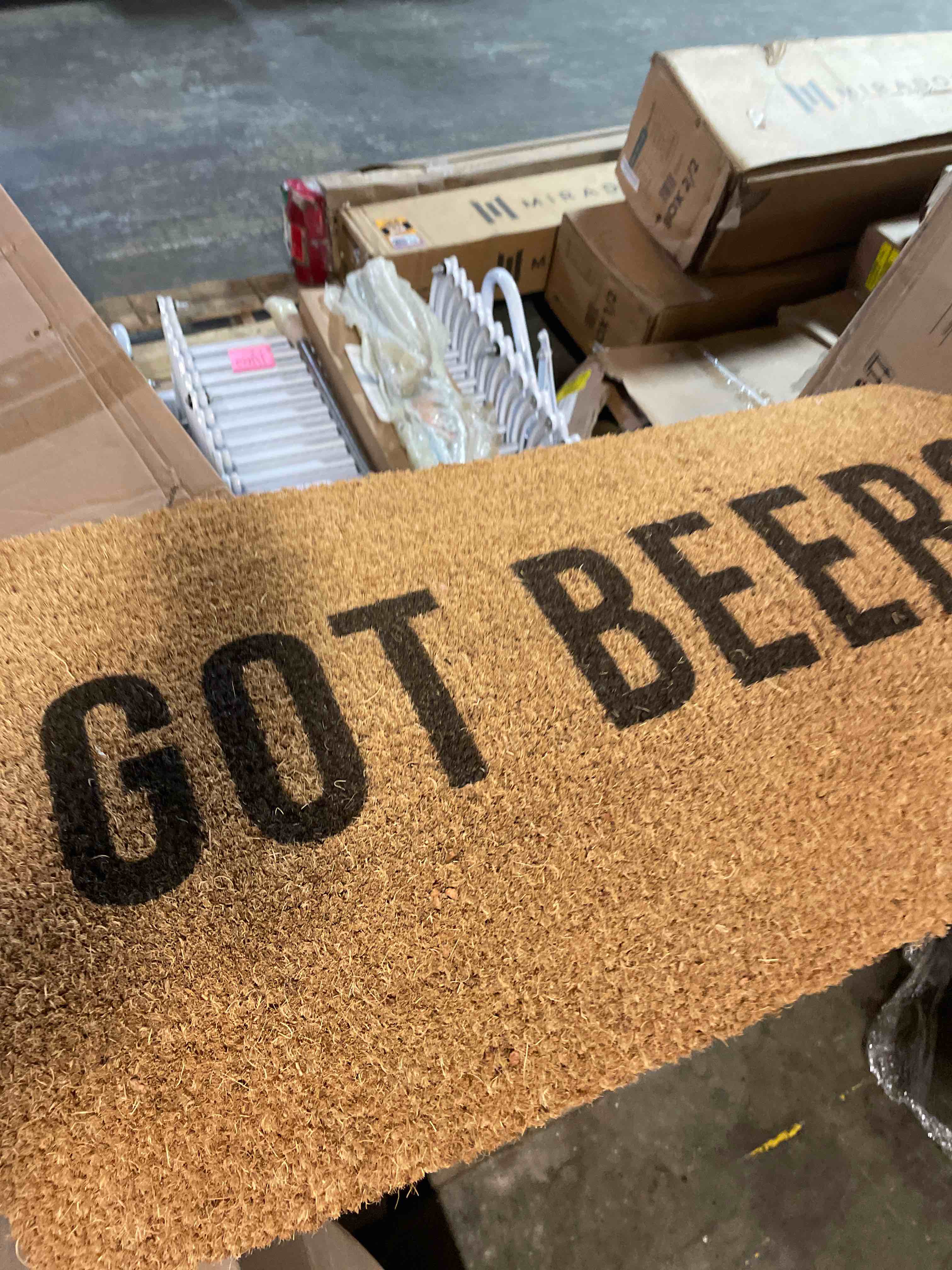 Condition photo showing New/Like New for evergreen flag funny welcome mat coir doormat | 28" x 16" front door mat outdoor entrance | no slip door rugs entryway indoor | got beer?