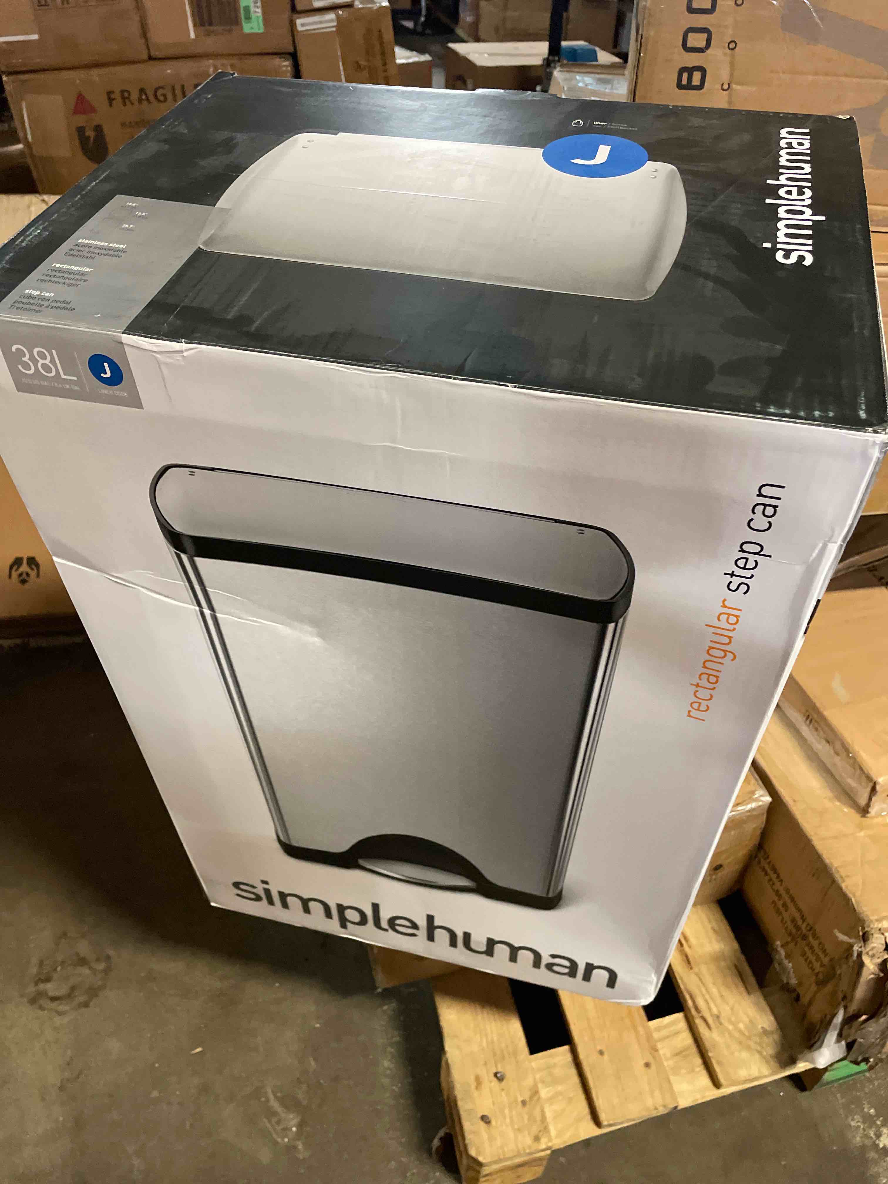 Condition photo showing New/Like New for simplehuman 38 liter / 10 gallon rectangular kitchen step trash can, brushed stainless steel 38 liter trash can