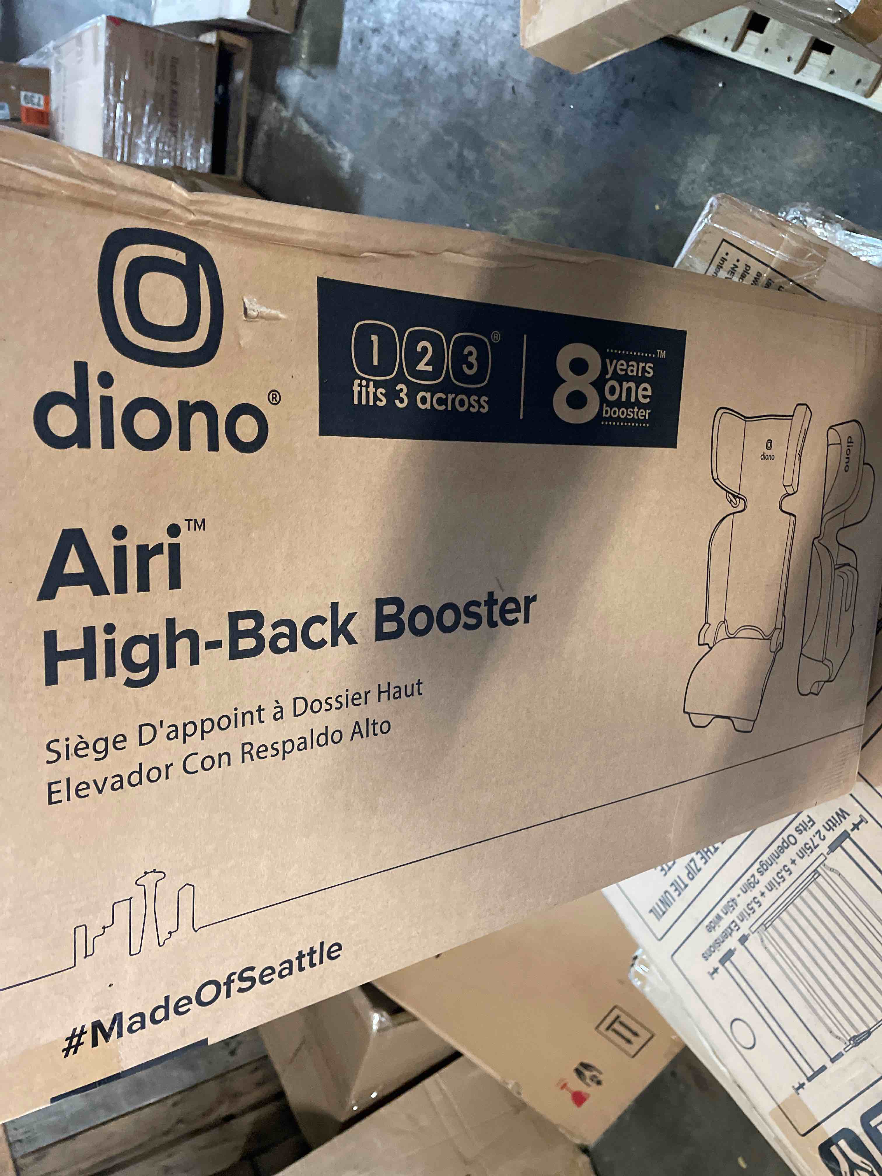 Condition photo showing New/Like New for diono airi lightweight high back booster seat, foldable travel friendly, slim 3-across fit, 40–100 lbs/43–57 in, frontal impact protection, black