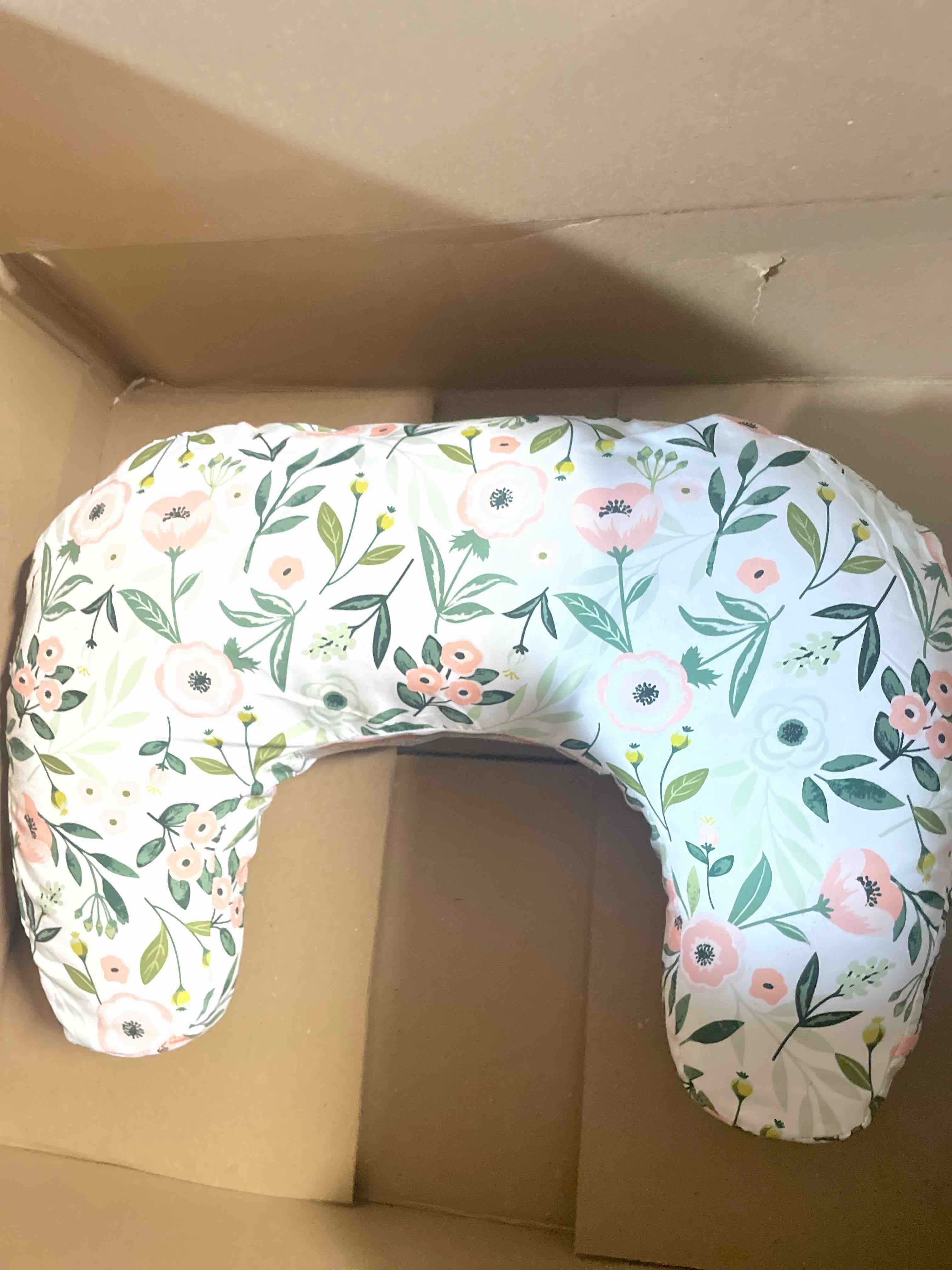 Condition photo showing New/Like New for boppy nursing pillow - verified safe breastfeeding pillow with softer fill for comfortable support, machine wash & dry cover, non-toxic materials - pink garden flowers