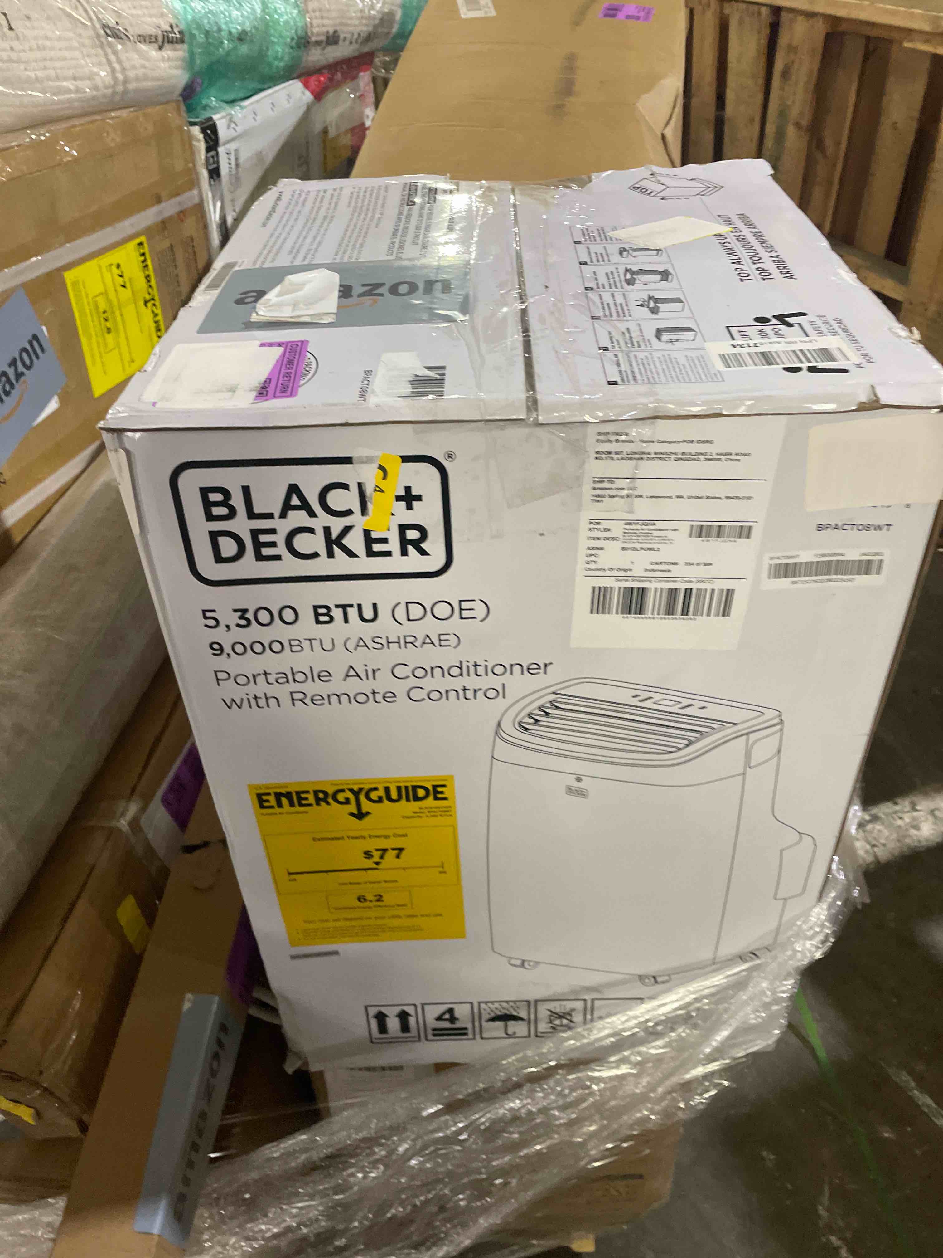 Condition photo showing As Is for black+decker portable air conditioner, 8,000 btu (3,950 btu sacc) for rooms up to 400 sq. ft., portable ac with follow me remote control and window kit, bpact08wt, white (used)