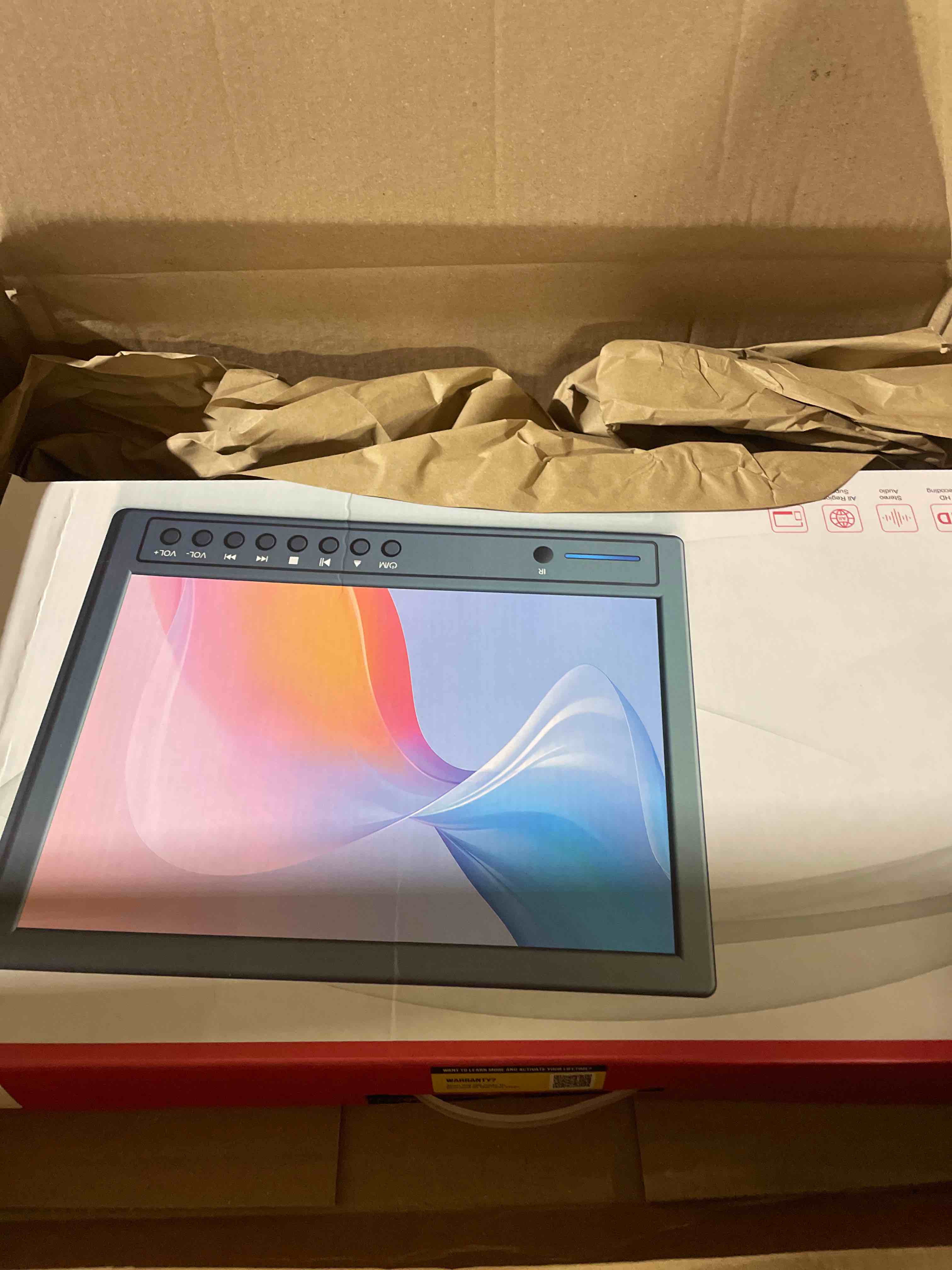 Condition photo showing New/Like New for arafuna 12.5" car dvd player with headphone, portable dvd player with headrest mount, suction-type disc in, headrest dvd player support 1080p video, hdmi input, av in/out, usb/sd card reader