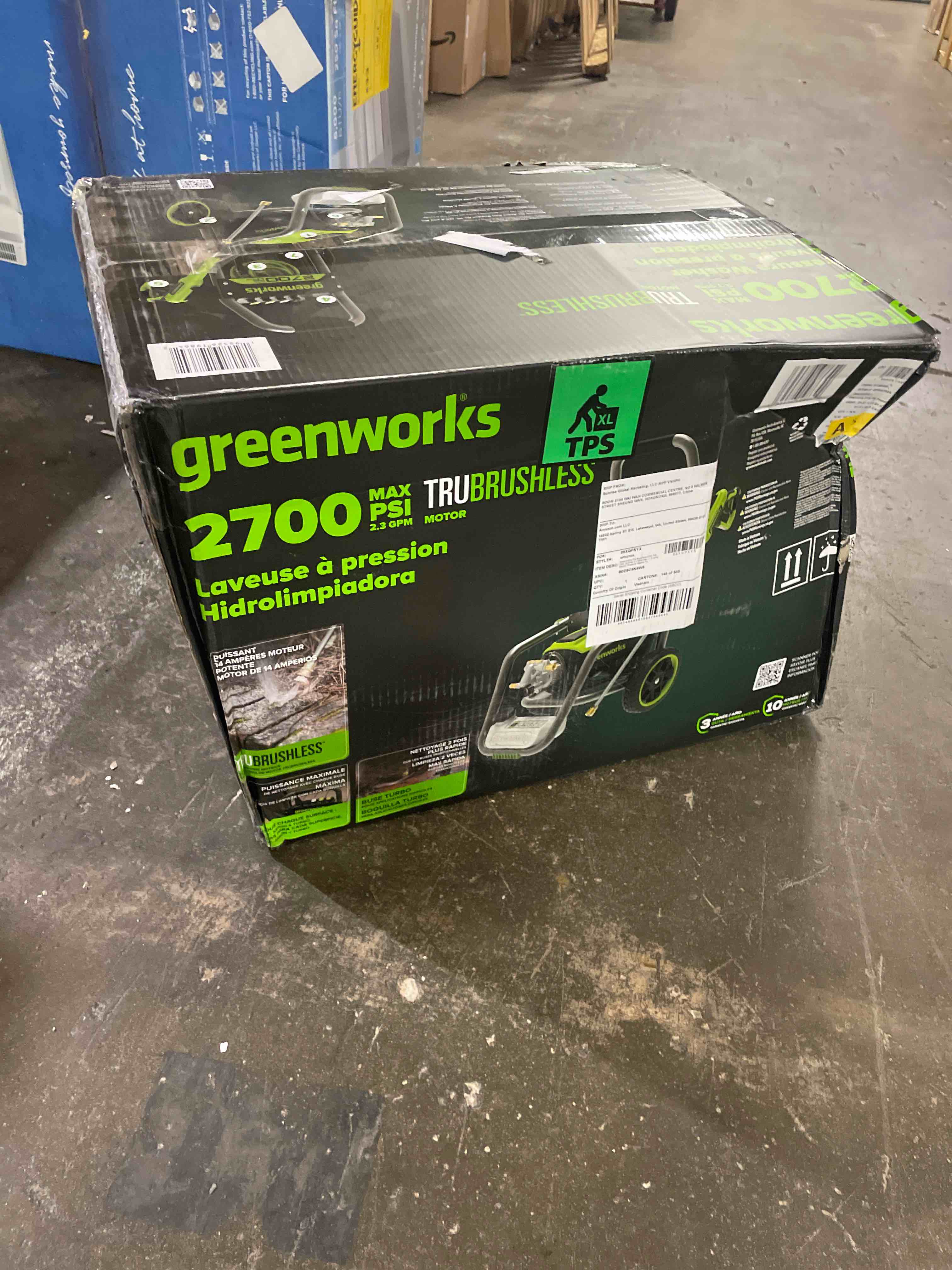 Condition photo showing Good Condition for greenworks pro brushless 2700 psi (csa certified) 2.3 gpm max / 1.2 gpm electric pressure washer (foldable handles, rugged steel frame, 25 ft hose, 35 ft gfci power cord) 2700 psi (box damaged)
