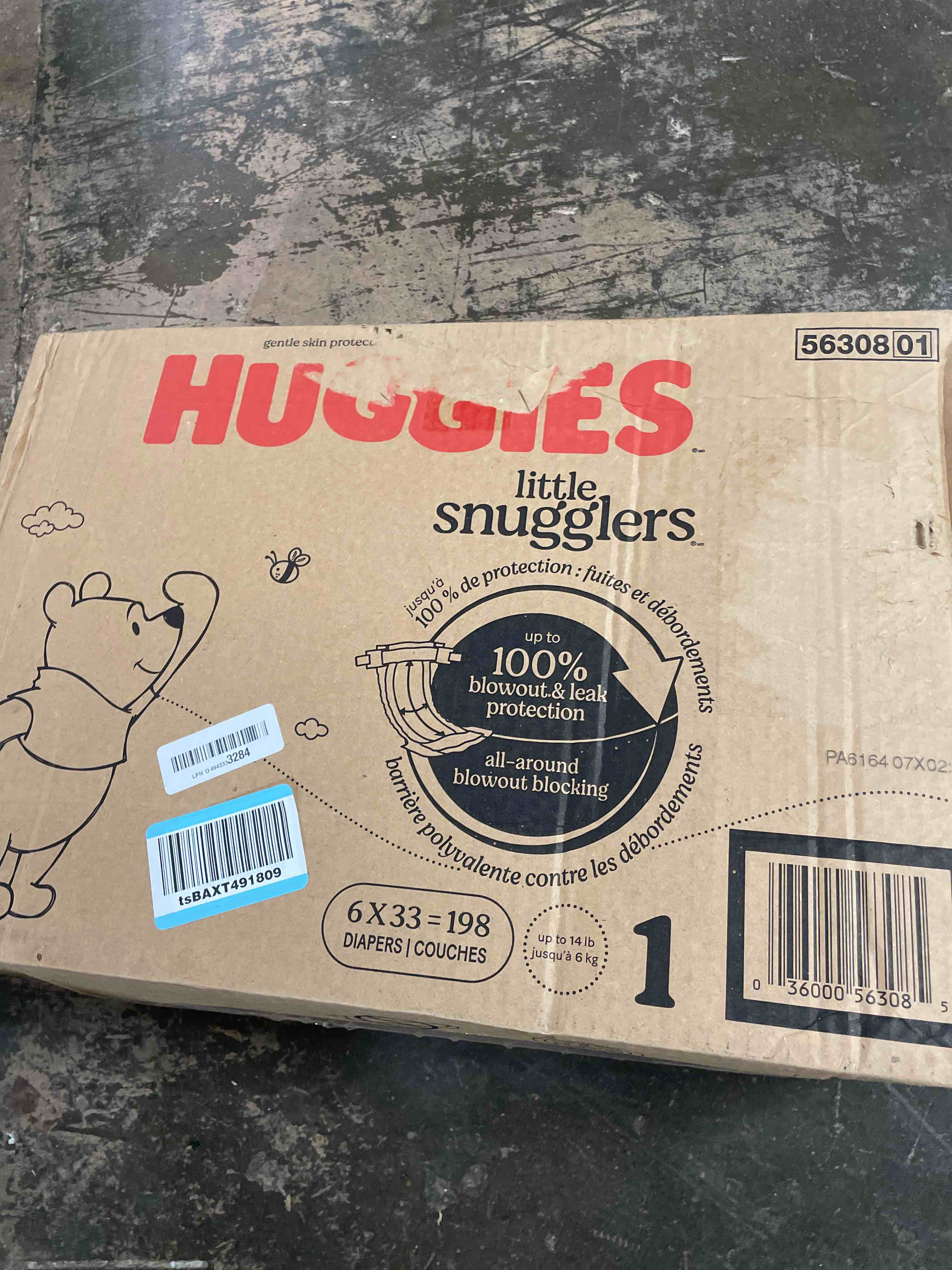 Condition photo showing New/Like New for huggies little snugglers diapers size 1, 198 count (6 packs of 33)