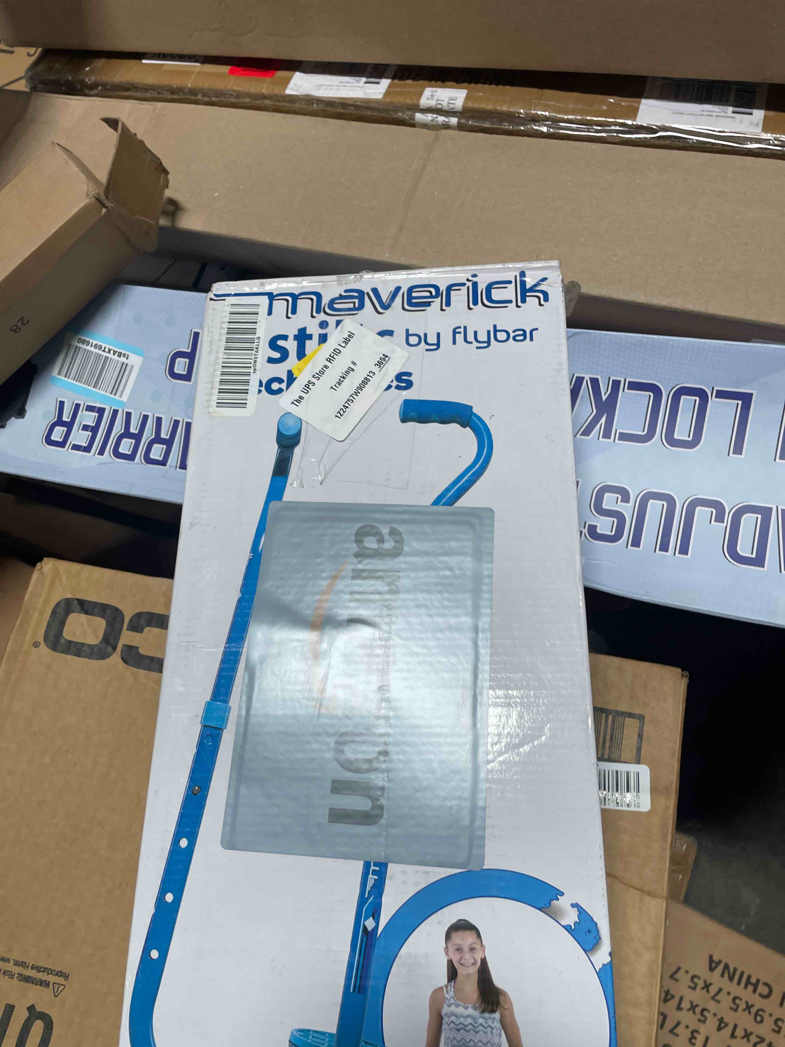 Condition photo showing Good Condition for flybar maverick walking stilts for kids - 5 adjustable height’s, sturdy, easy assembly, wide non-slip rubber bottom tip, foam grips, outdoor toys for kids 5+, 190 lbs blue edge
