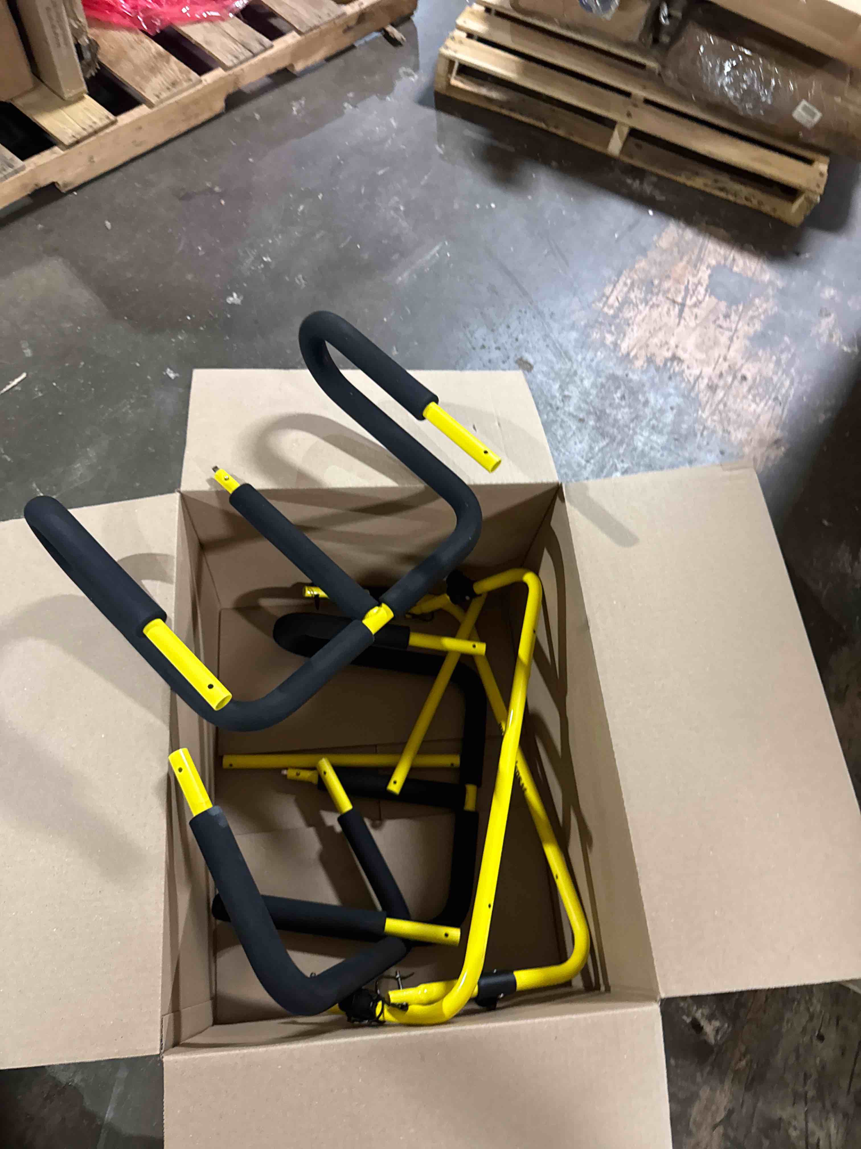 Condition photo showing As Is for suspenz double-up sup stand, holds 2 stand up paddle boards or surfboards, yellow (22-9936)