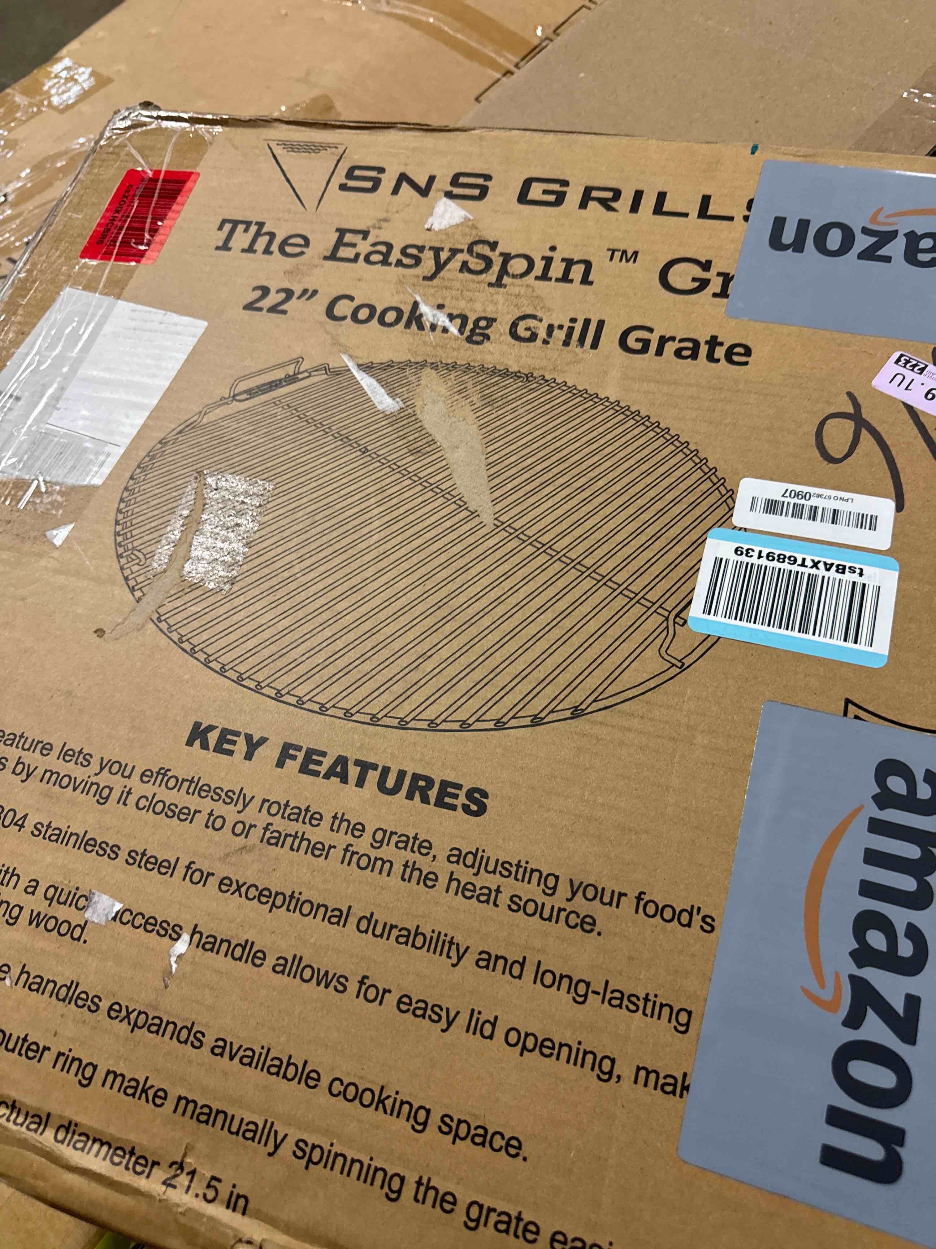 Condition photo showing New/Like New for sns grills easyspin charcoal grill cooking grate, 304 stainless steel, large hinged opening, perfect for 2-zone cooking, replacement grate compatible with weber & other grills - fits 22” kettles easyspin grill grate 22"