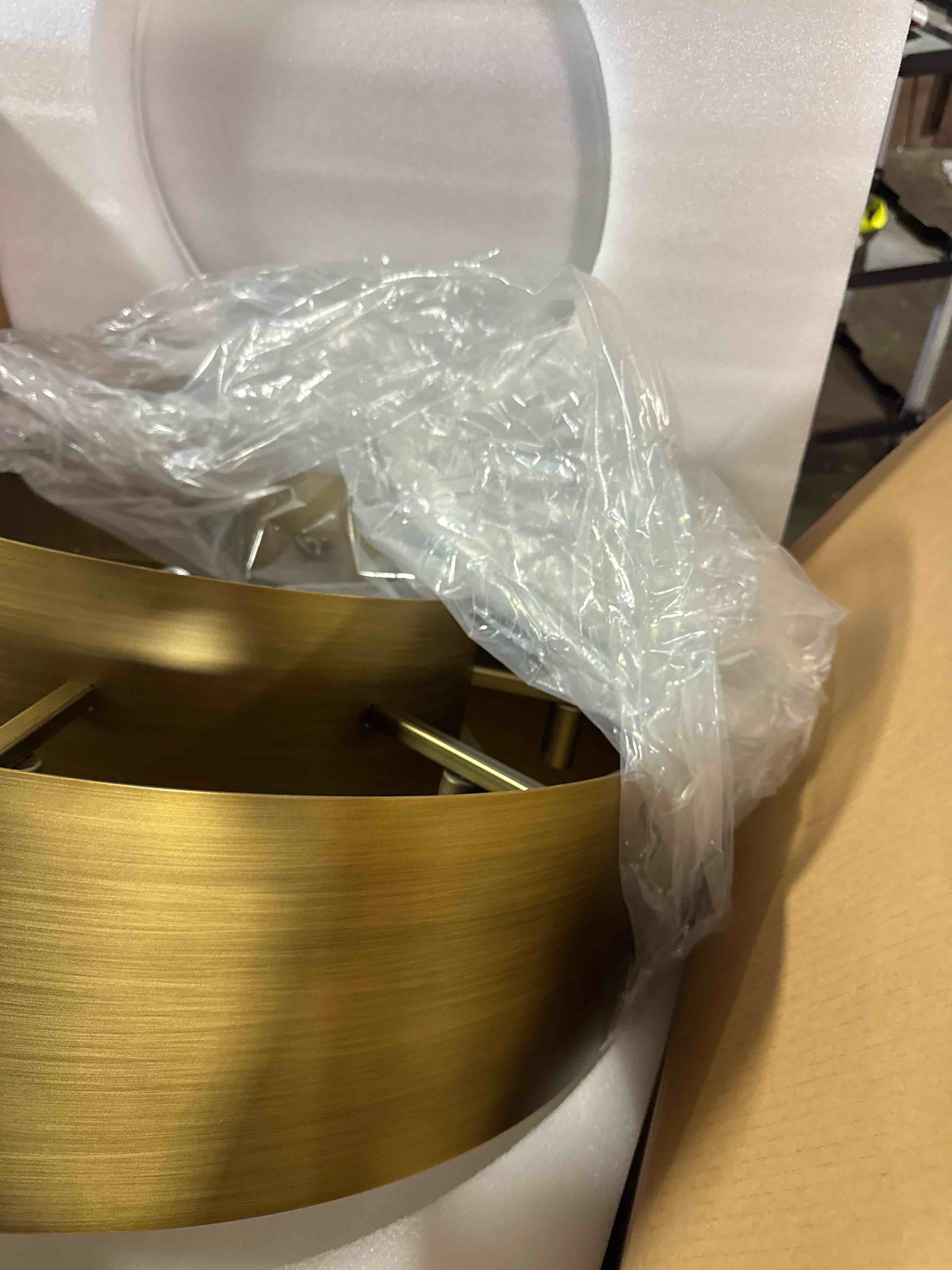 Condition photo showing New/Like New for 20" vintage gold metal drum chandelier, 4-light farmhouse light fixture | industrial dining room light fixture over table, chandeliers for kitchen island, entryway, bedroom, adjustable height( see pics)
