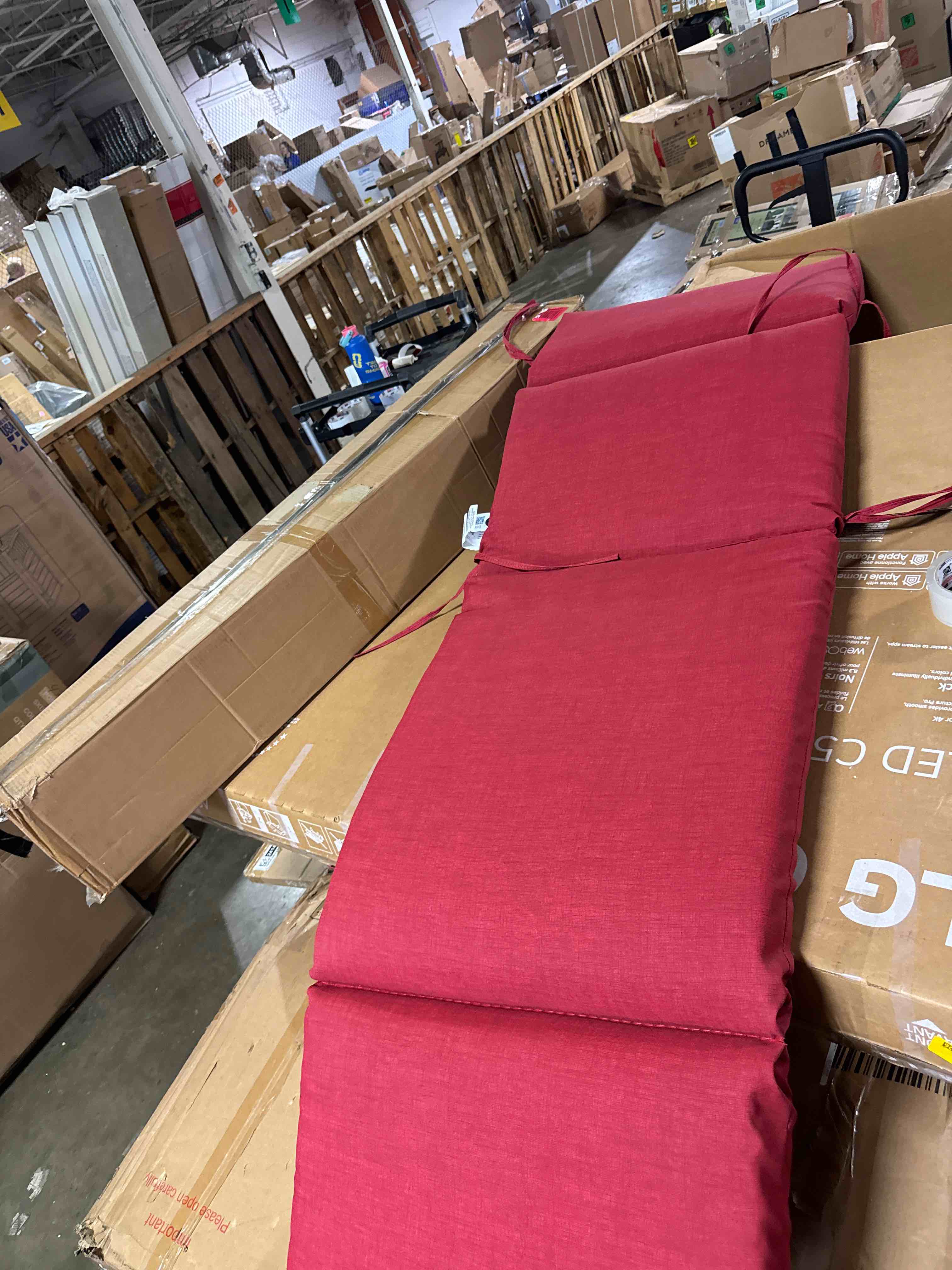 Condition photo showing As Is for arden outdoor chaise cushion, 22 x 77, rain-proof, fade resistant 22 x 77, ruby red leala