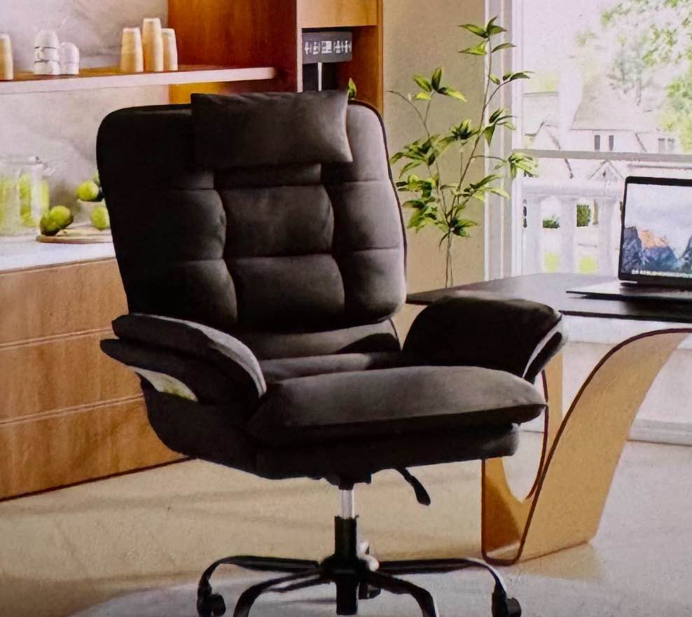 velvet adjustable height cross-legged office chair in black w/ flip-up arms, high-back executive chair with headrest