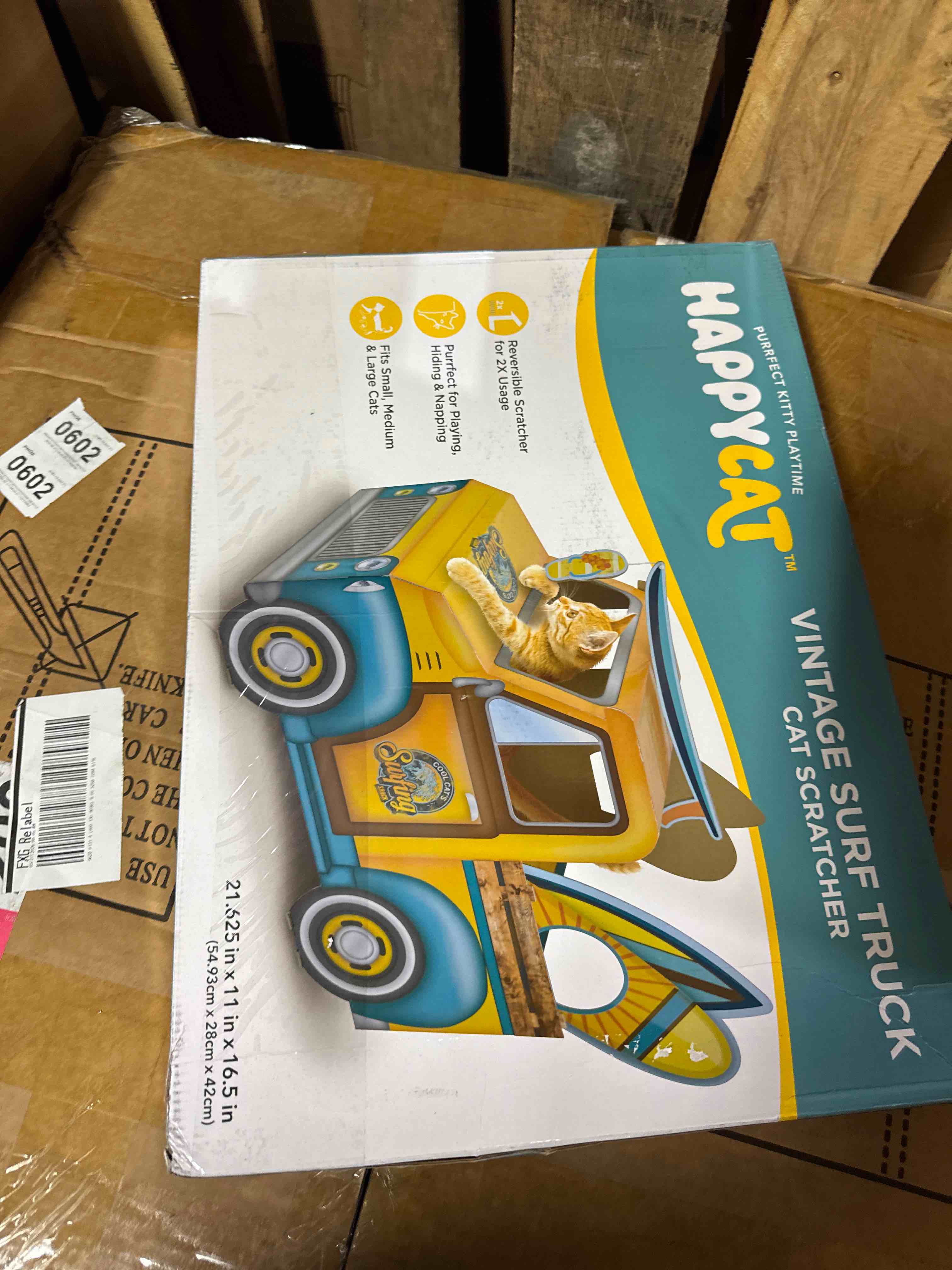 Condition photo showing New/Like New for happycat vintage surf truck cat scratcher house - cardboard cat house playhouse, multi-level cat scratching box with interior space for playing & napping - fun play house for indoor cats