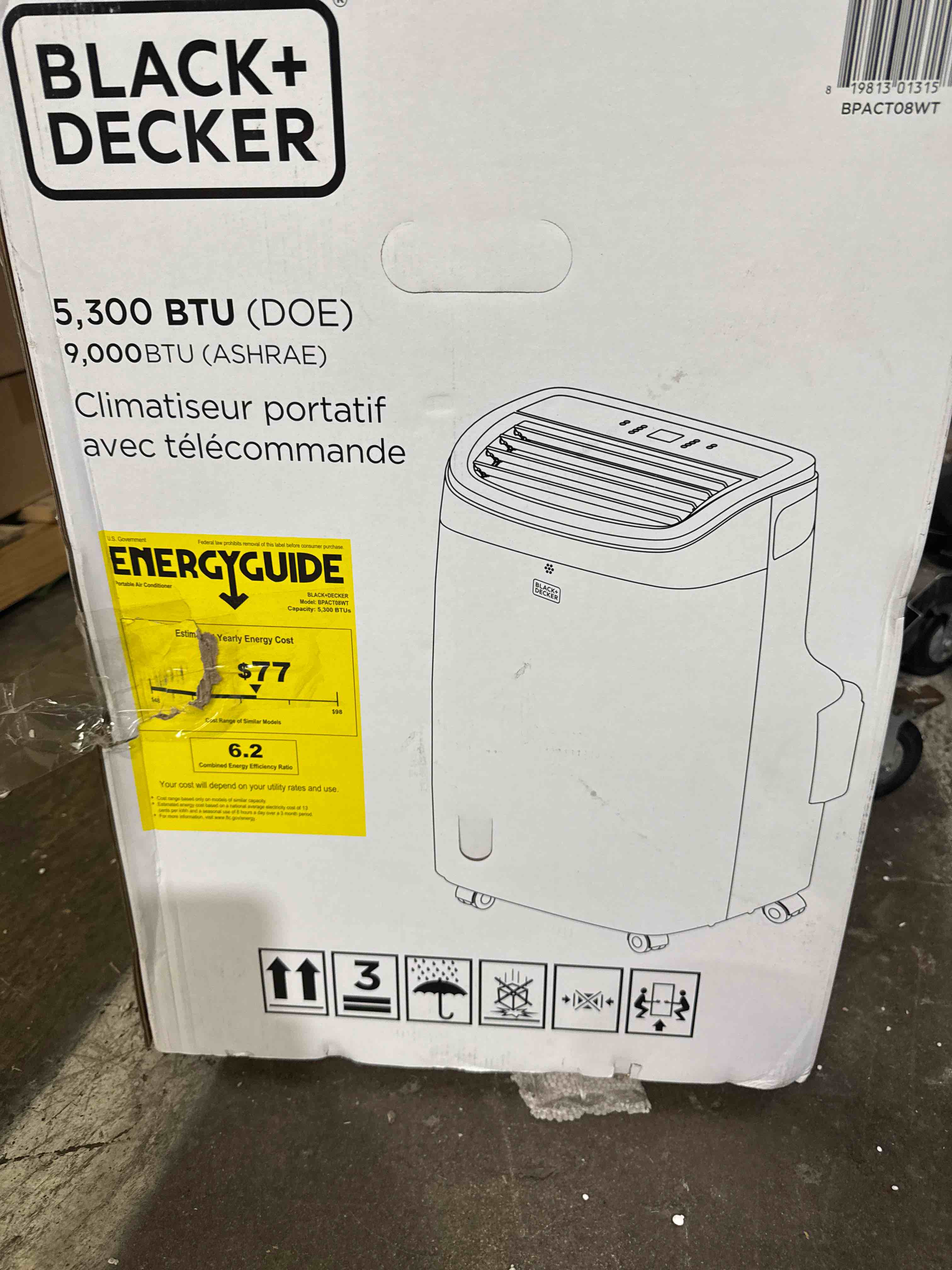 Condition photo showing New/Like New for black+decker portable air conditioner, 8,000 btu (3,950 btu sacc) for rooms up to 400 sq. ft., portable ac with follow me remote control and window kit, bpact08wt, white