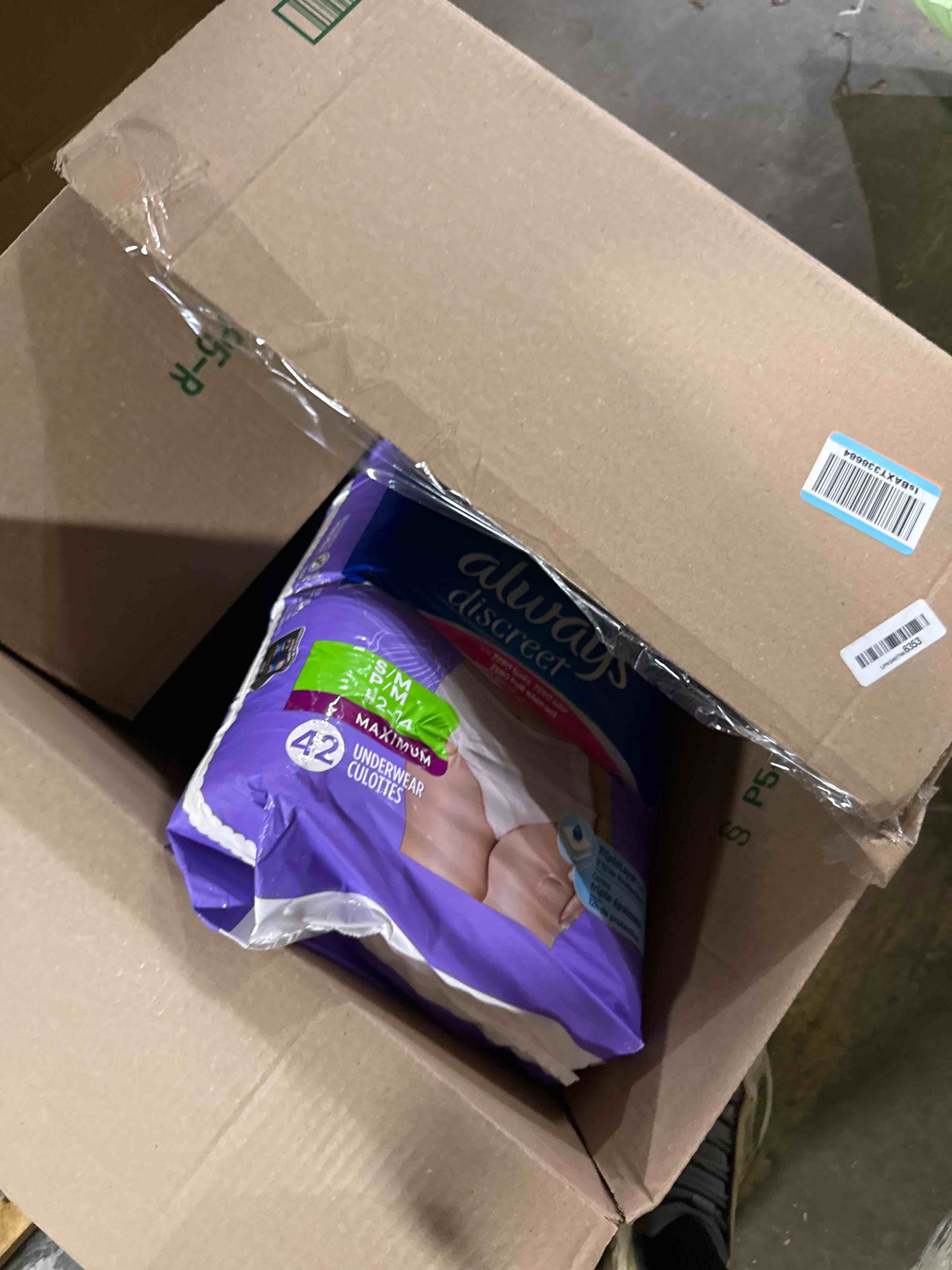Condition photo showing New/Like New for always discreet adult diapers for women, incontinence underwear, postpartum essentials, disposable briefs, max absorbency, bladder leak protection, small/medium, 32ct small/medium 32