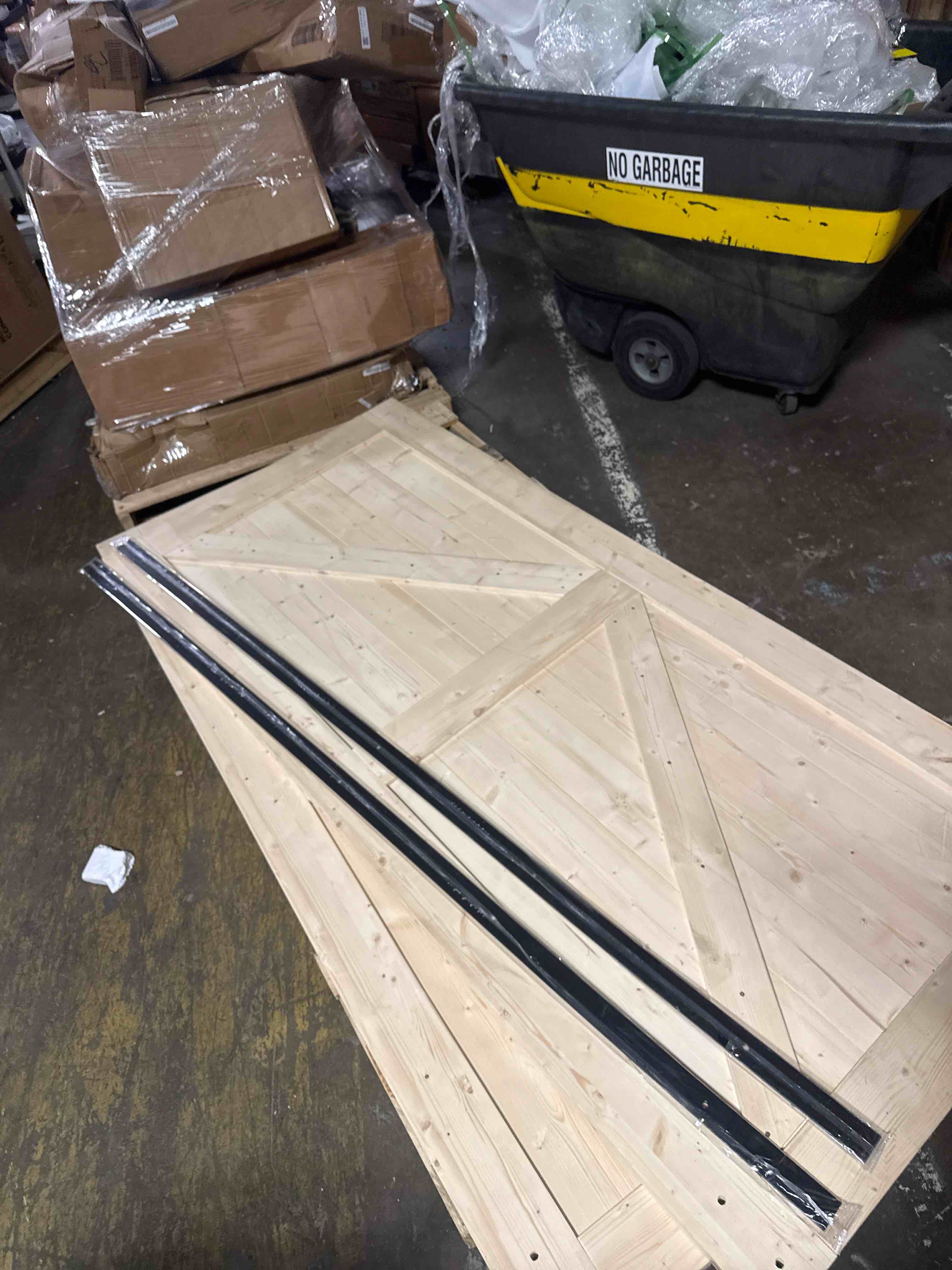 Condition photo showing Good Condition for smartstandard 36in x 84in sliding barn wood door pre-drilled ready to assemble, diy unfinished solid spruce wood panelled slab, interior single door only, natural, k-frame (missing hardware)