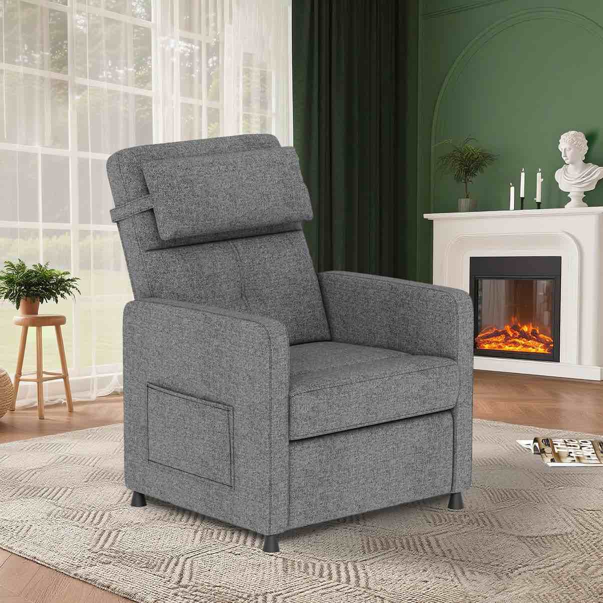 garvee recliner chair for adults, adjustable electric recliner power reclining, cotton linen fabric, usb port, side pockets, home theater seating, gray