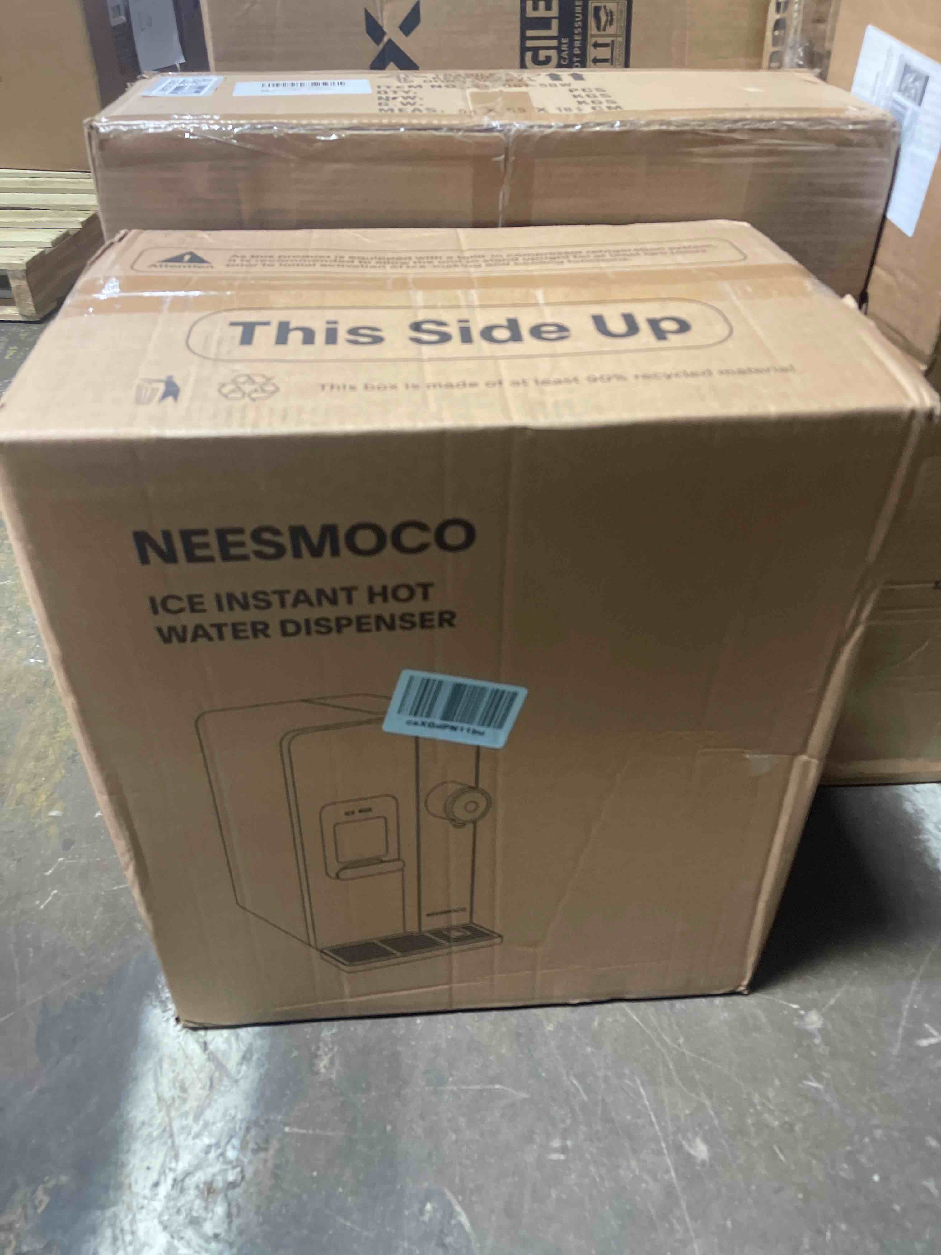 Condition photo showing New/Like New for 3-in-1 water dispenser with ice maker – compact coffee brewer, k-cup® pod compatible, hot/cold/warm water, adjustable water volume, bullet ice ready in 8–12 minutes, for home & office deep navy