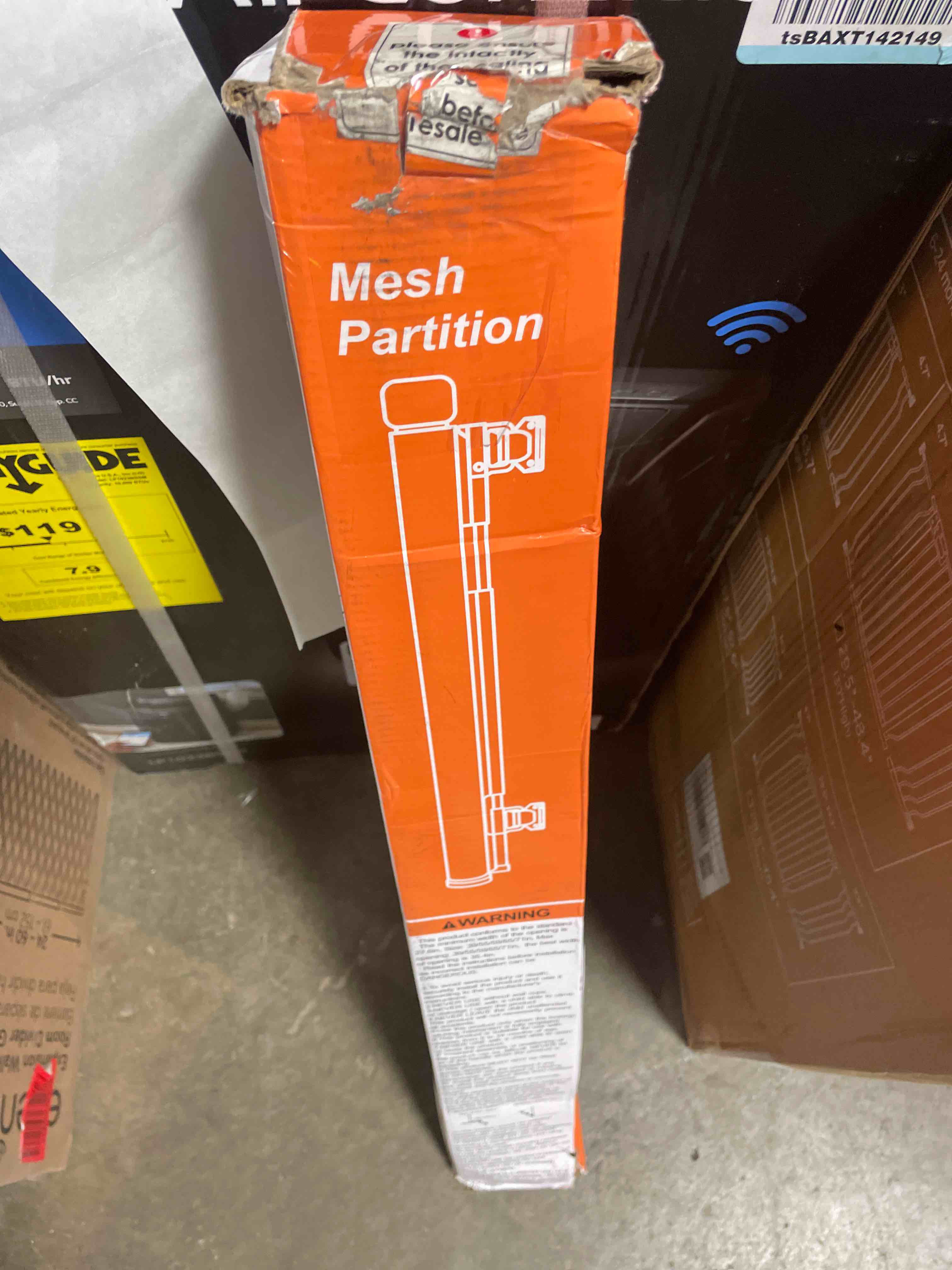 Condition photo showing New/Like New for reinforced retractable dog gate with support strip 60" wide retractable outdoor gate for decks mesh dog gate retractable indoor retractable pet gate for dogs retractable mesh gate retractable cat gate gray 33" tall x 60" wide? with reinforced strip?