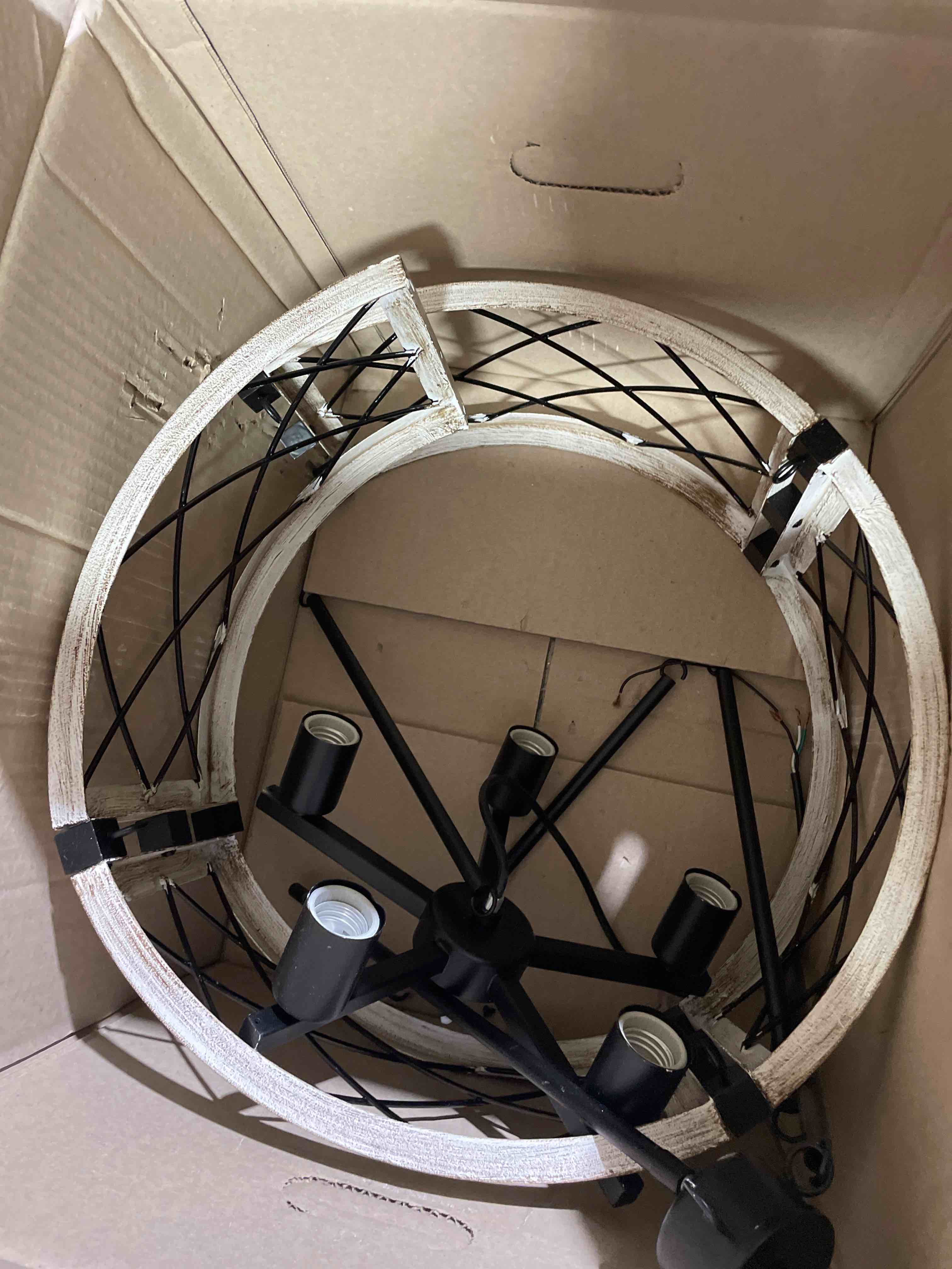 Condition photo showing As Is for 21.6” white farmhouse chandelier, 6-light wood grain finish chandelier | rustic drum hanging light kitchen island, round metal hanging light fixture for dining room, foyer, entryway, bedroom (damaged)