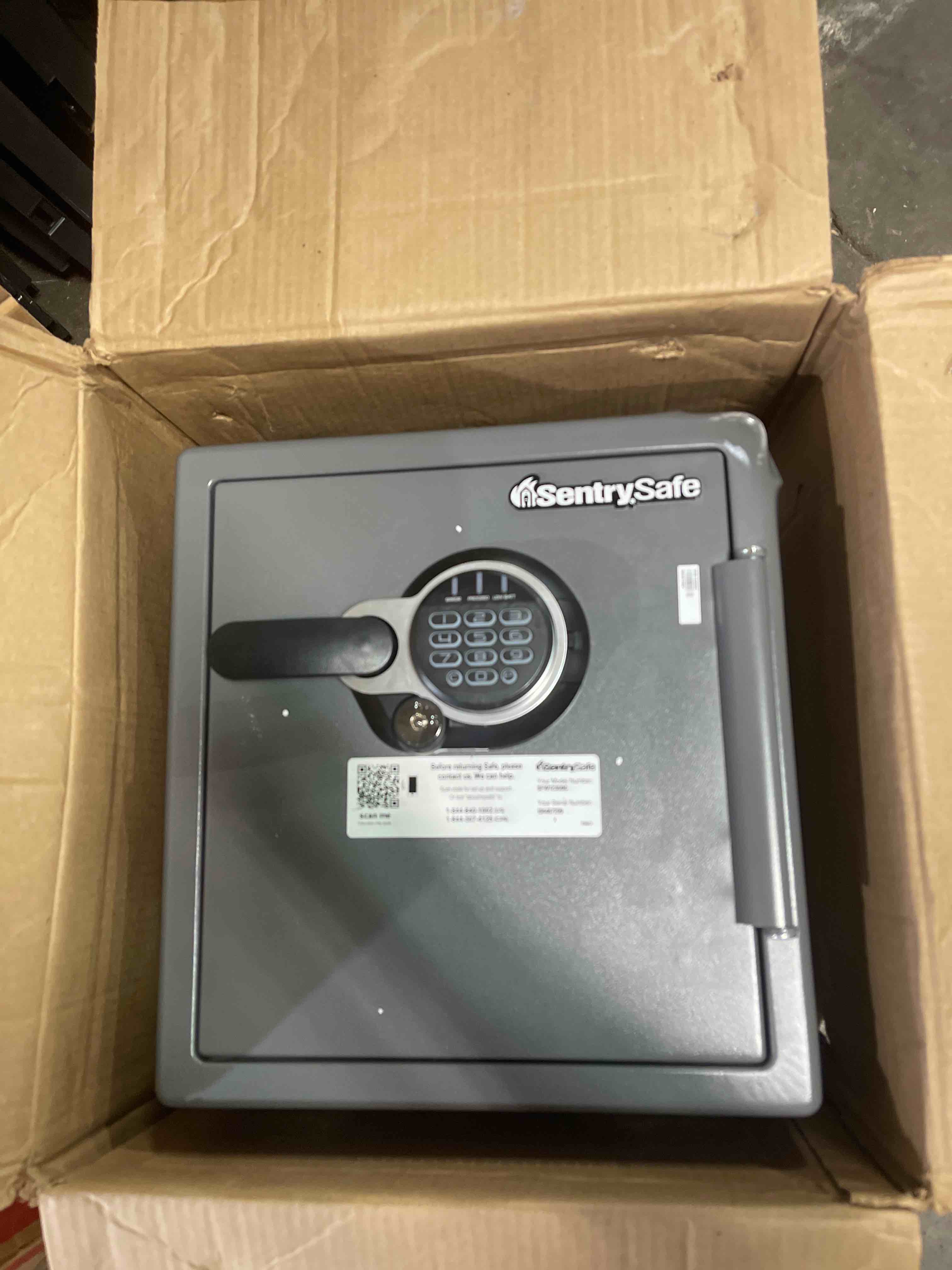 Condition photo showing Good Condition for sentrysafe waterproof and fireproof alloy steel digital safe box for home with code button keypad, 1.23 cubic feet, 17.8 x 16.3 x 19.3 inches (exterior), sfw123gdc