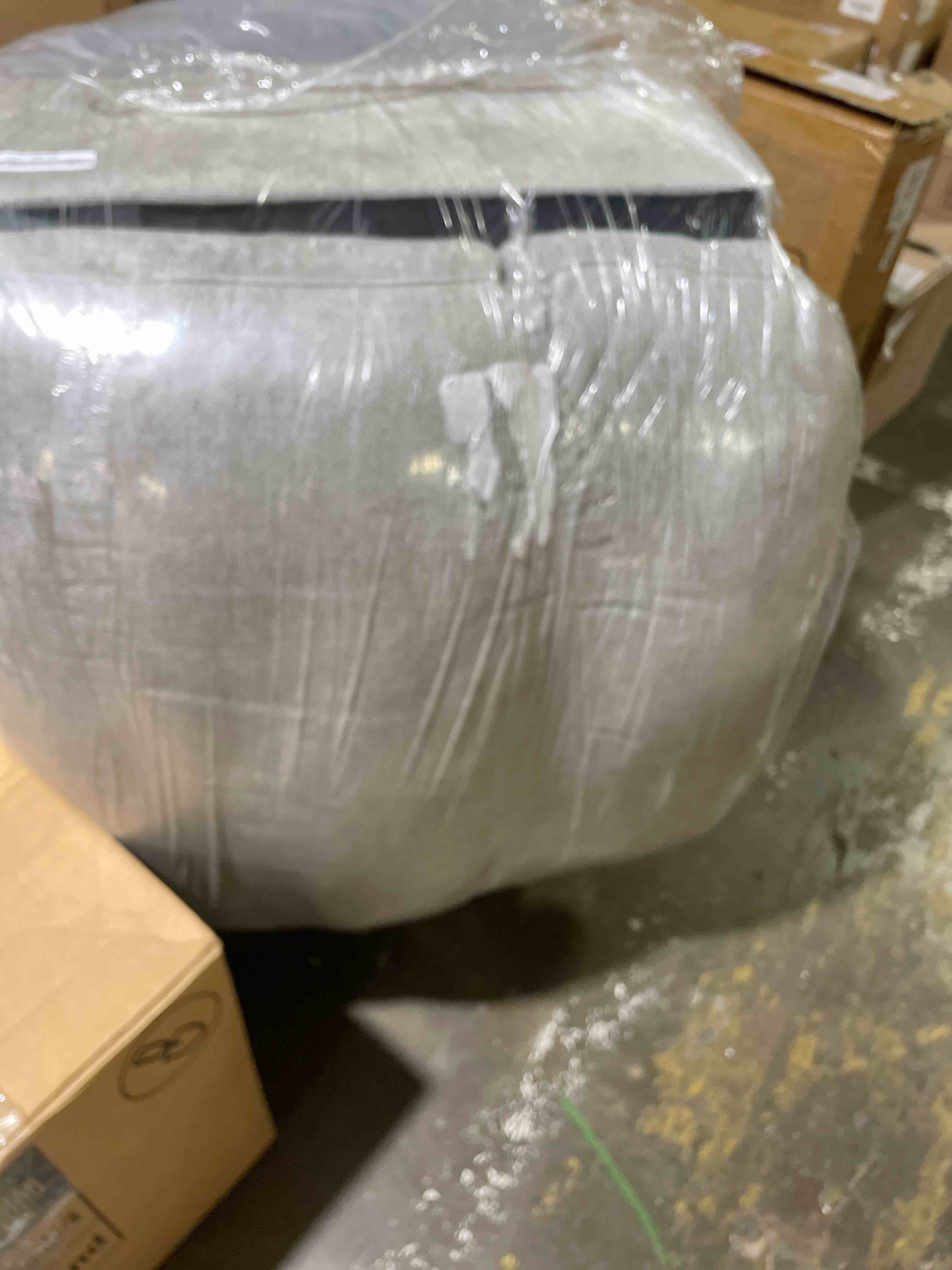 Condition photo showing As Is for homepop 32" square storage ottoman - slate gray