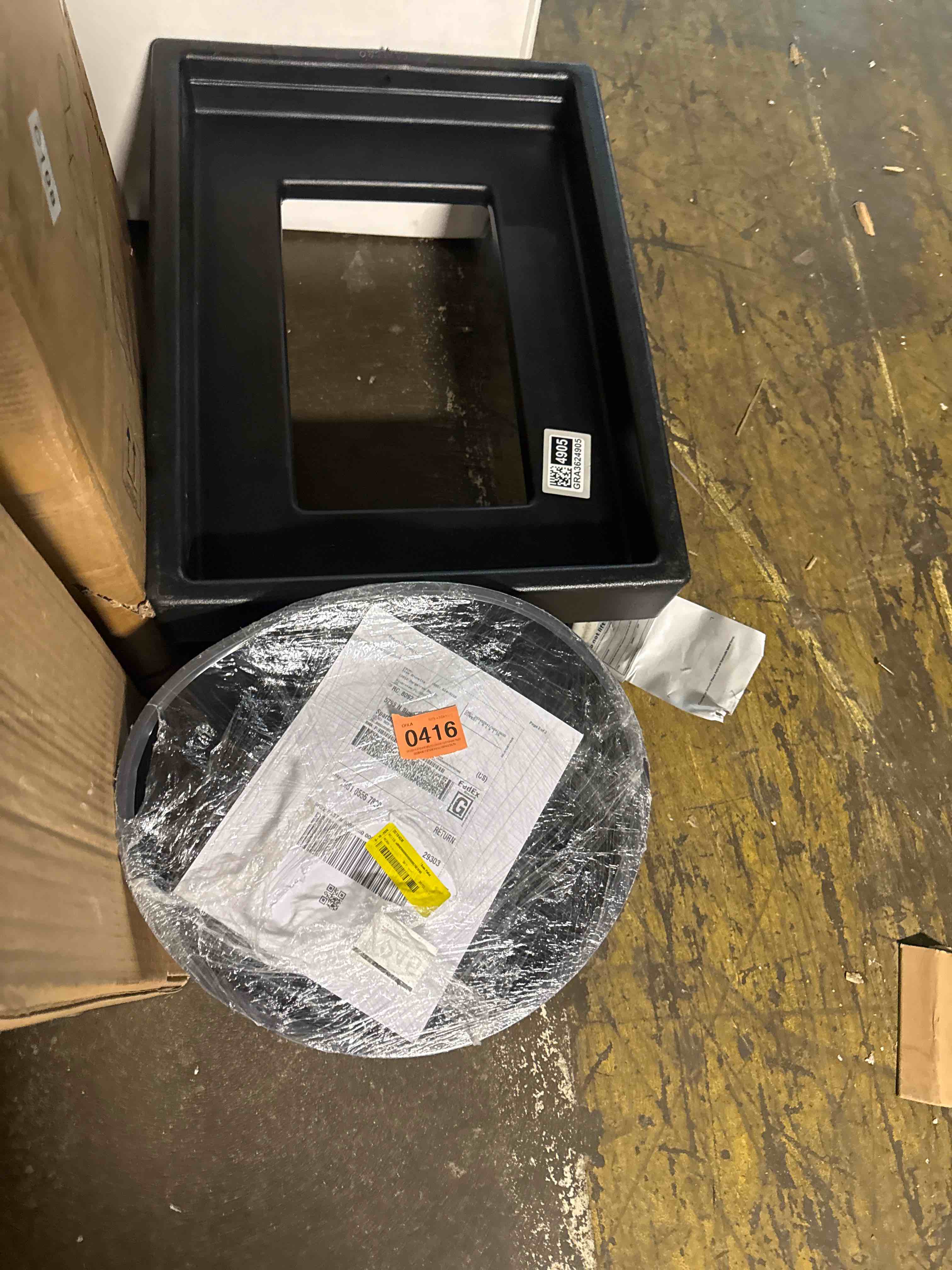 Condition photo showing New/Like New for better homes & gardens whiskey barrel brown resin planter, 15.8 in x 15.8 in x 10.3 in