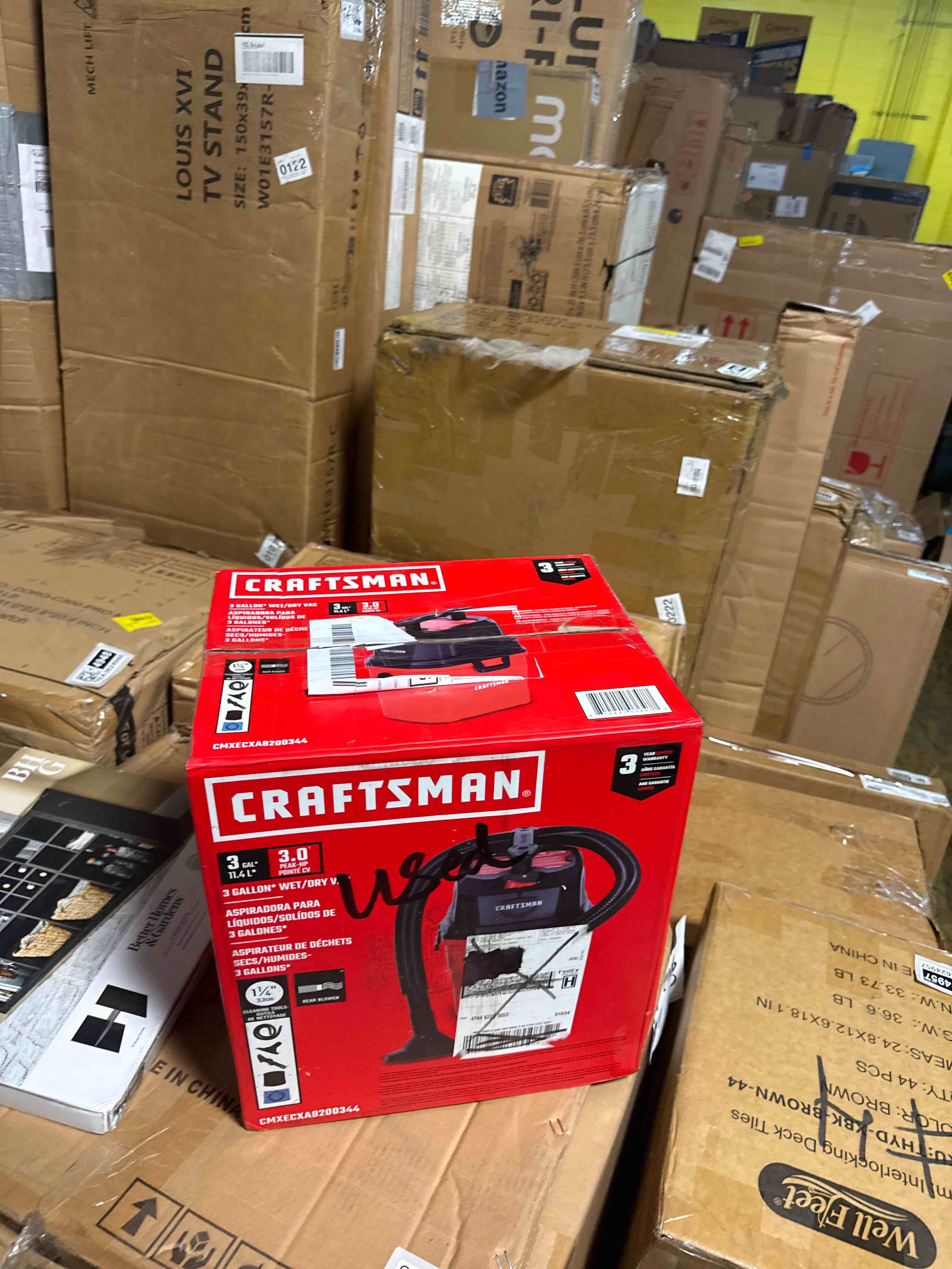 Condition photo showing As Is for craftsman 3-gallon 3 hp corded wet/dry shop vacuum with accessories included