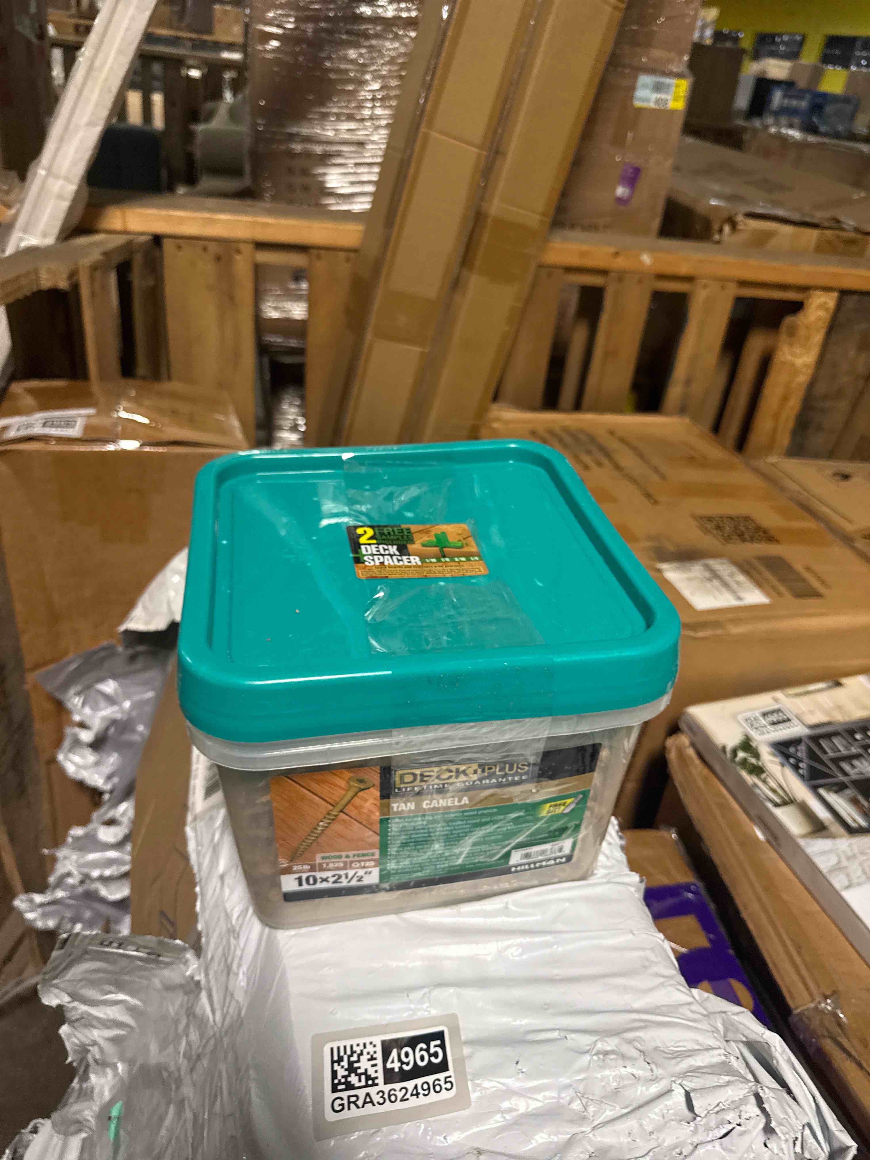 Condition photo showing New/Like New for deck plus wood screws, #10 x 2-1/2in, 25lb box, 1825 pieces, tan | epoxy-coated steel, star/torx drive with t25 bit included, self-drilling point for decking, fencing, and treated lumber