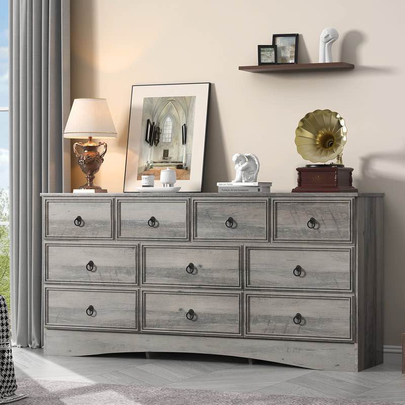 63'' Dresser, Dresser for Bedroom with 10 Wood Drawers, Wide Dressers & Chests of Drawers with Smooth Metal Rail, Large Storage Dressers Organizer for Bedroom Living Room