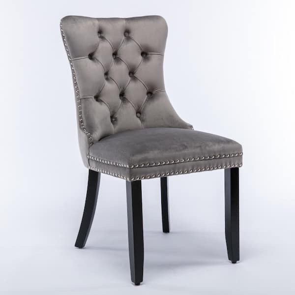 Gray Modern Velvet Upholstered Dining Chair Tufted Nailhead Trim Side Chair with Wood Legs Set of 2