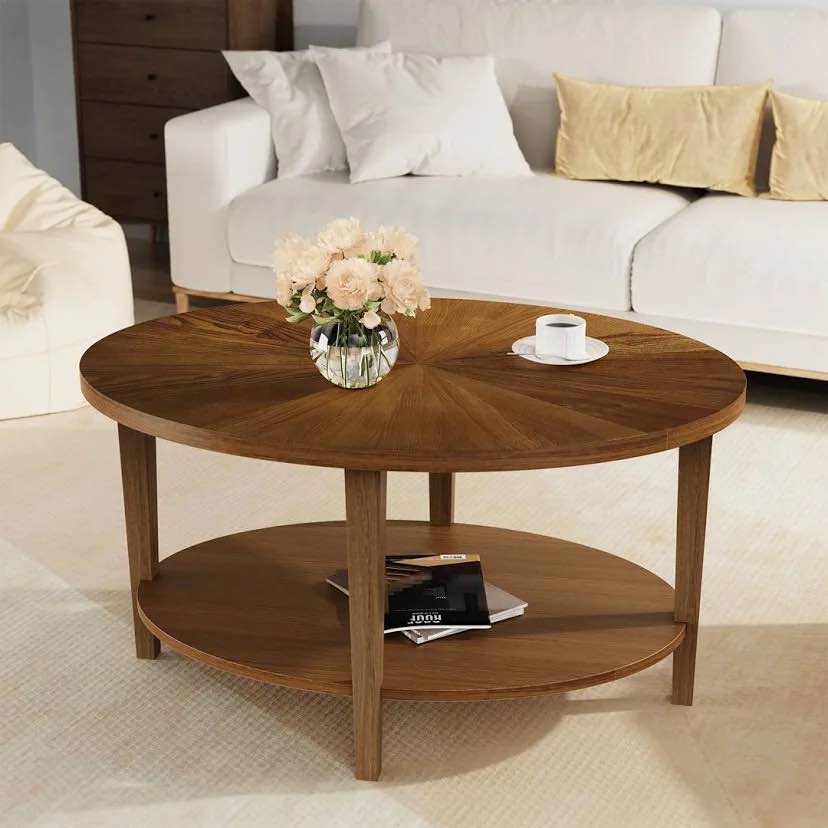 Solid Wood Oval Coffee Table with 2 - Tier Shelves