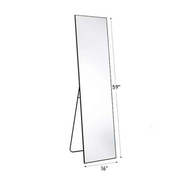 FIRNEWST 16 in. W x 59 in. H Aluminum Alloy Frame Black Full Body Floor Mirror with Floor Stand and Wall Mounted Hooks