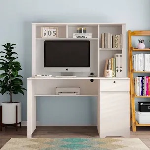 Computer Desk with Hutch & Bookshelf,Wood Executive Desk Teens Student Desk Writing Laptop Home Office Desk with Drawers,3 AC Outlets and 2 USB Charging Ports,Study Laptop Table for Home 59”X23”