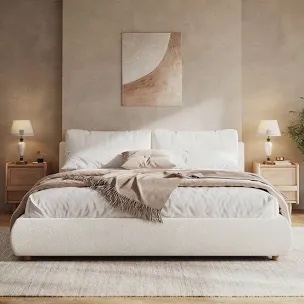 Boucle Fabric Upholstered Platform Bed with Two Removable Pillows