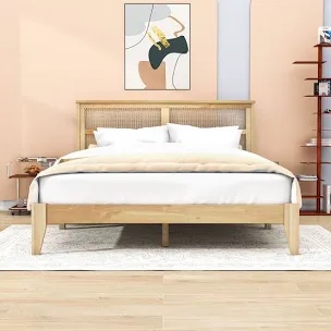 Queen Wood Bed with Rattan Headboard