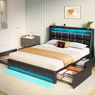 Upholstered Platform Bed Frame with Wingback Headboard, LED Light Twin