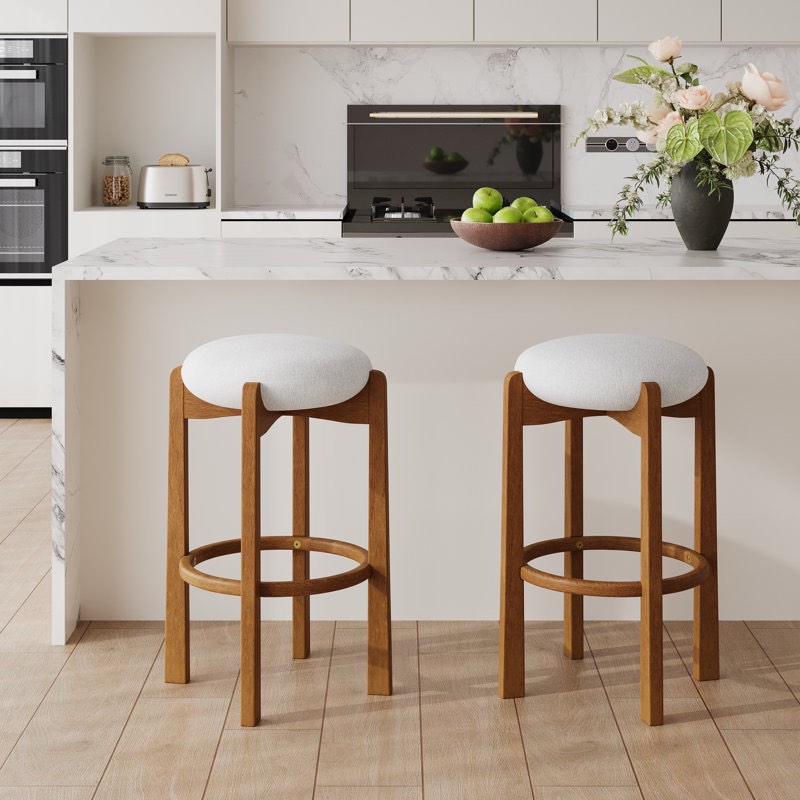 Lunara Mid-Century Modern Rubberwood Upholstered Barstools With Curved Back And Footrest (Set of 2)