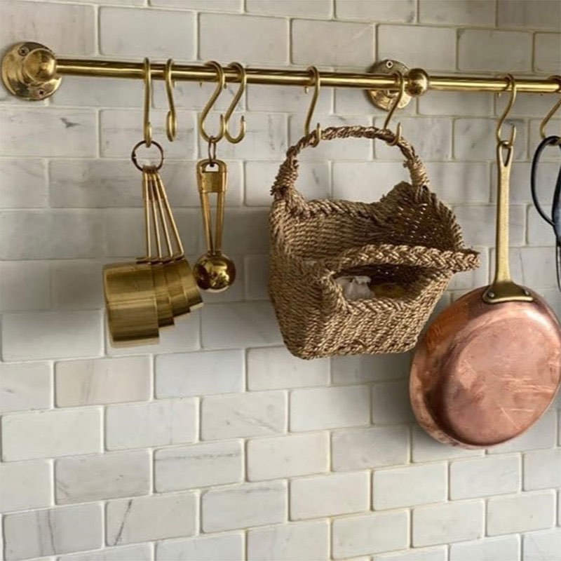 Handmade Unlacquered Brass Storage Rail Rack With Hooks Wall Mounted Organizer Kitchen Pot Rack  4" H x 20" W x 4" D