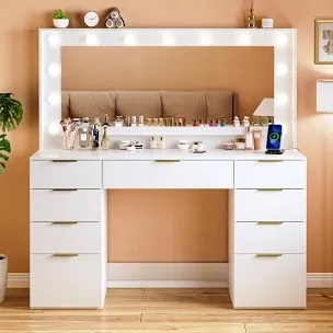 vanity desk with large mirror and lights, 9 drawer; power outlets