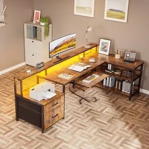 sholpan led l-shaped desk with cabinet with power outlets brown/black | size: 35" h x 67.8" w x 39.4" d