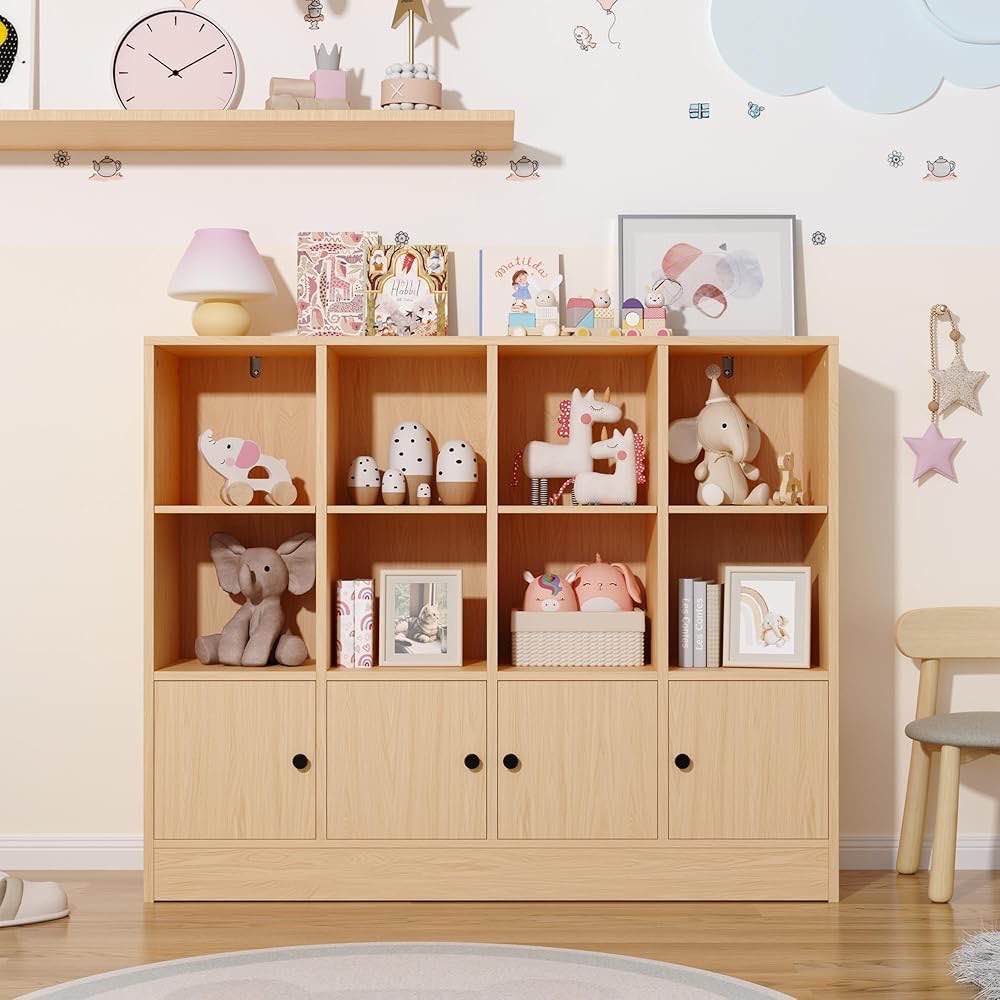 DIYART Oak Bookshelf, Wood Bookcase with 3 Tier Shelves, 12 Cube Storage Organizer with Doors for Bedroom, Living Room, 47.8" W x 39.1" H