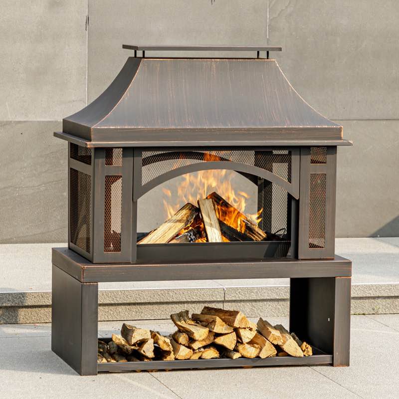 39Inch Outdoor Wood Burning Fire Pit Fireplace with Log Rack